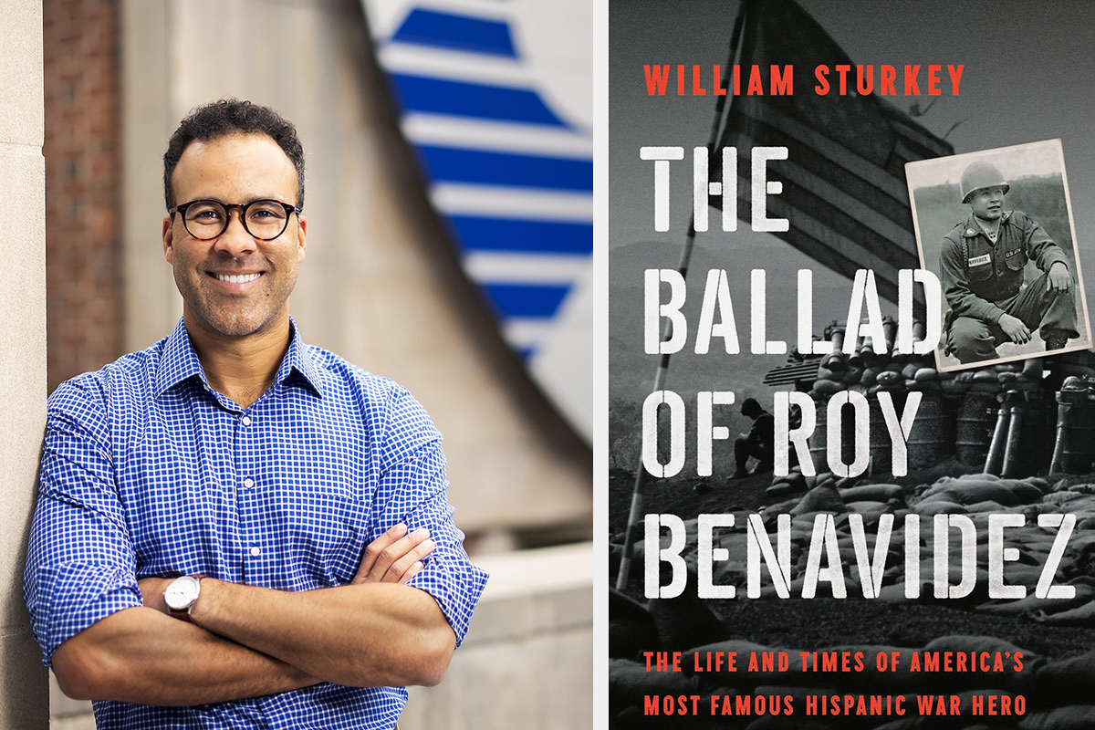 William Sturkey and the cover of his book “The Ballad of Roy Benavidez”