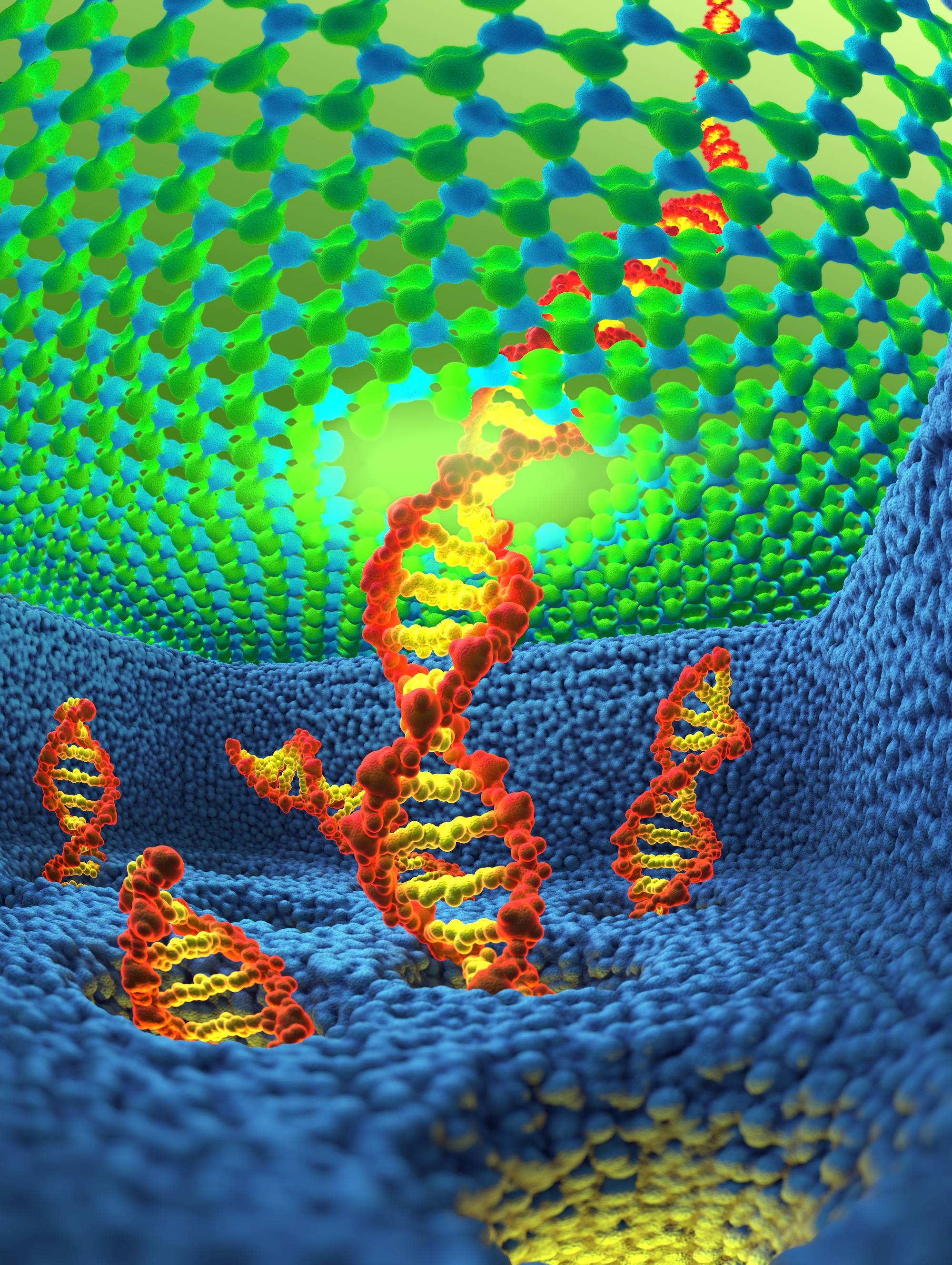 Artist depiction of DNA moving through a nanopore system.