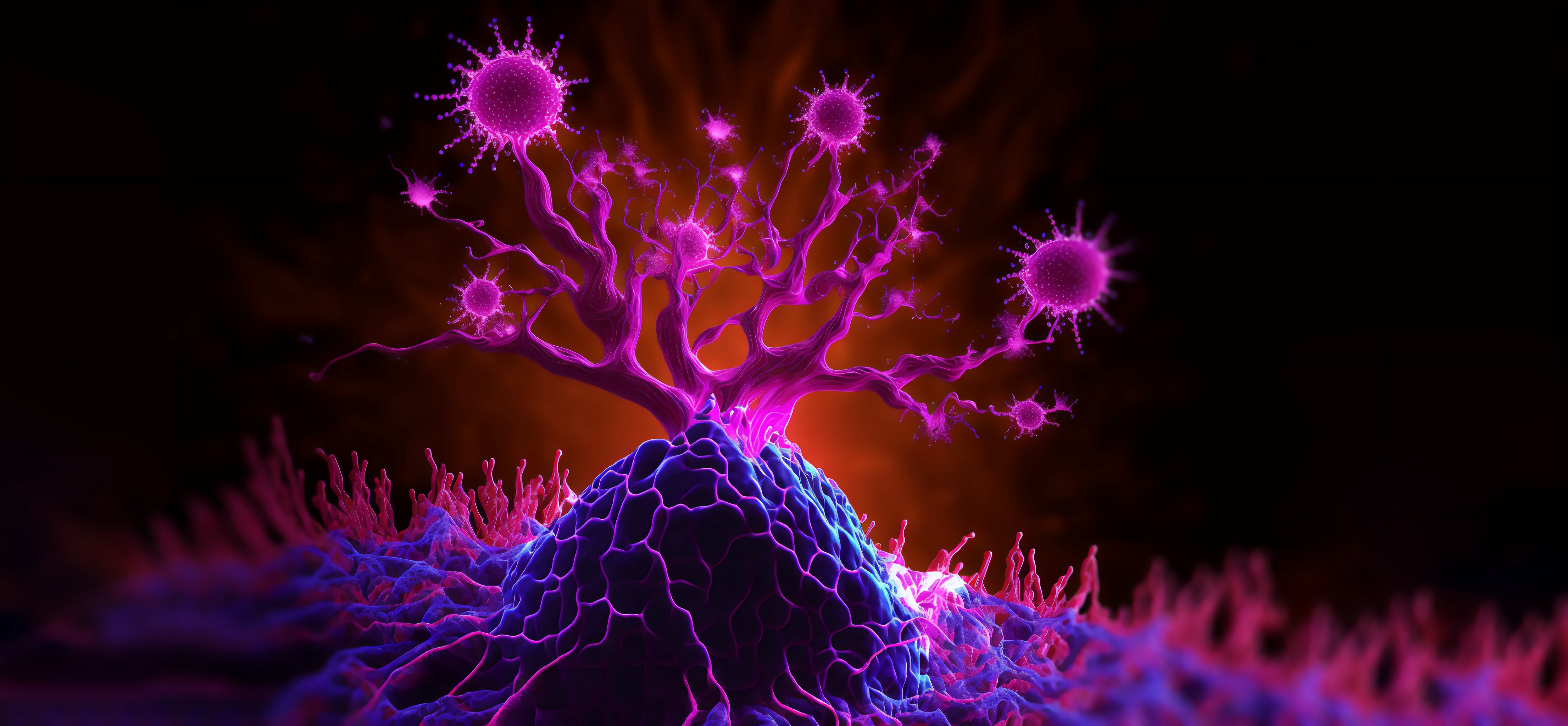 A 3D rendering of the tumor microenvironment with cancer cells, T-Cells, nanoparticles, cancer associated fibroblast layer of tumor microenvironment normal cells, molecules, and blood vessels.