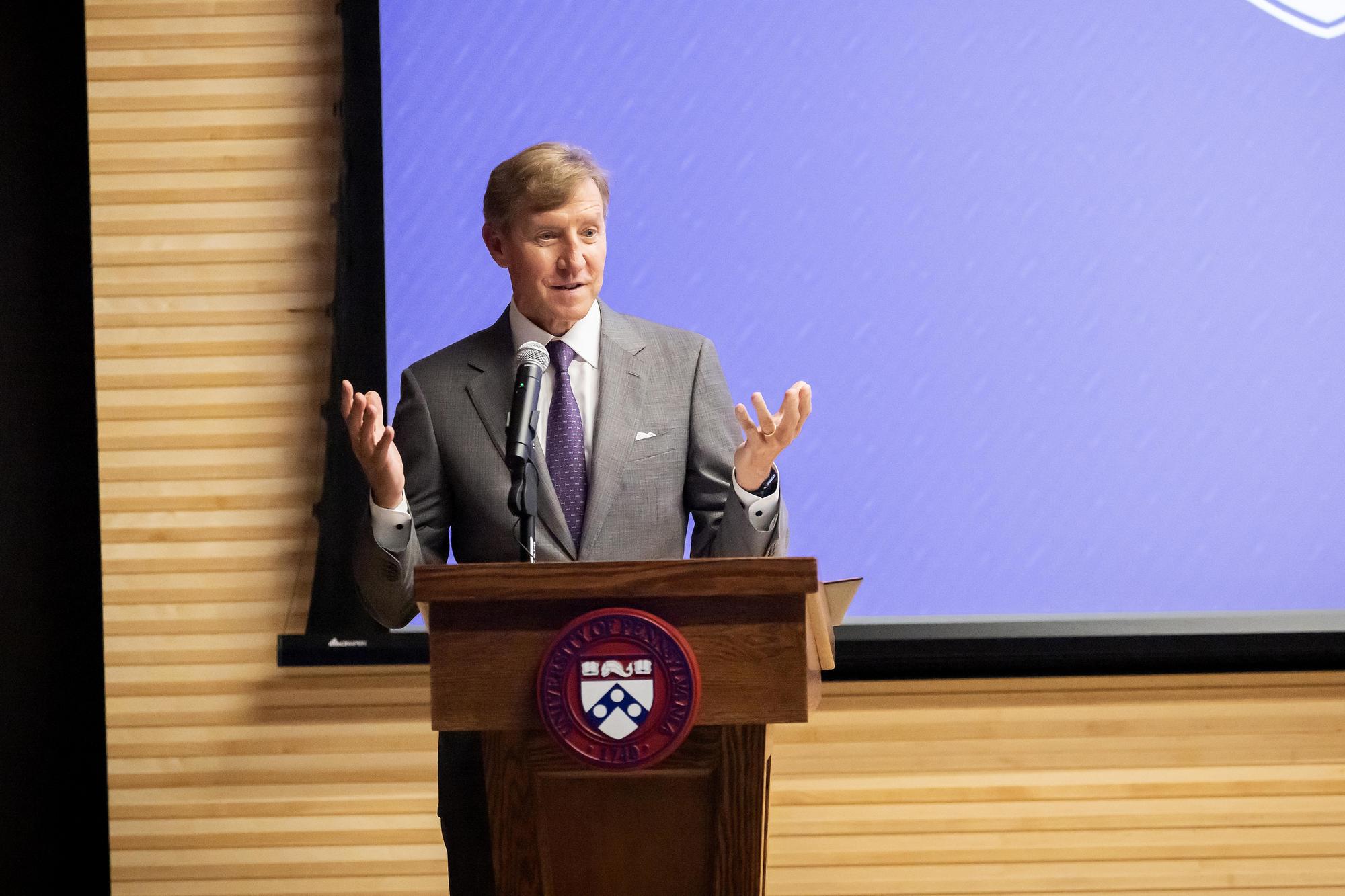 Penn President J. Larry Jameson at the podium during the ribbon cutting for the Amy Gutmann Hall.