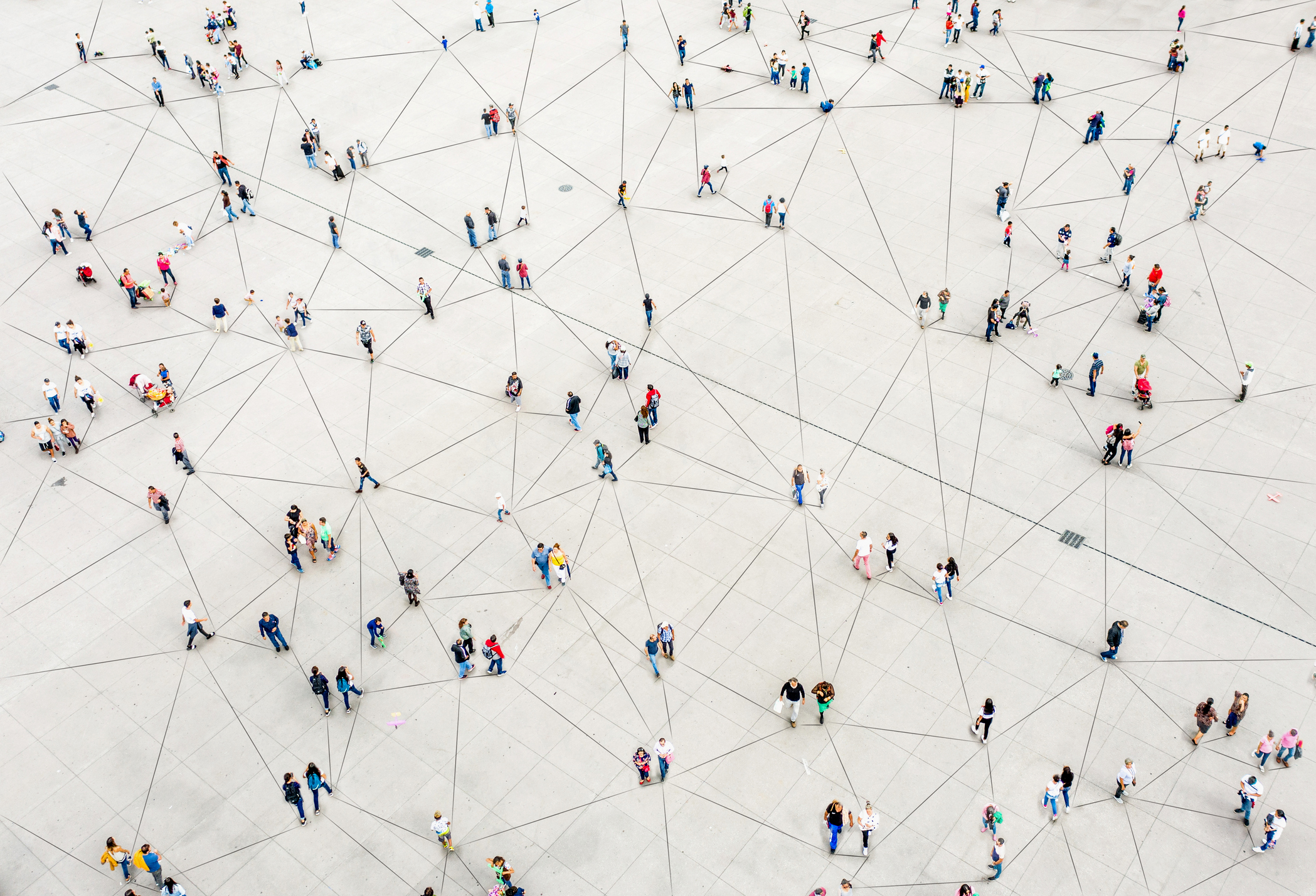 Aerial view of people connected by lines.