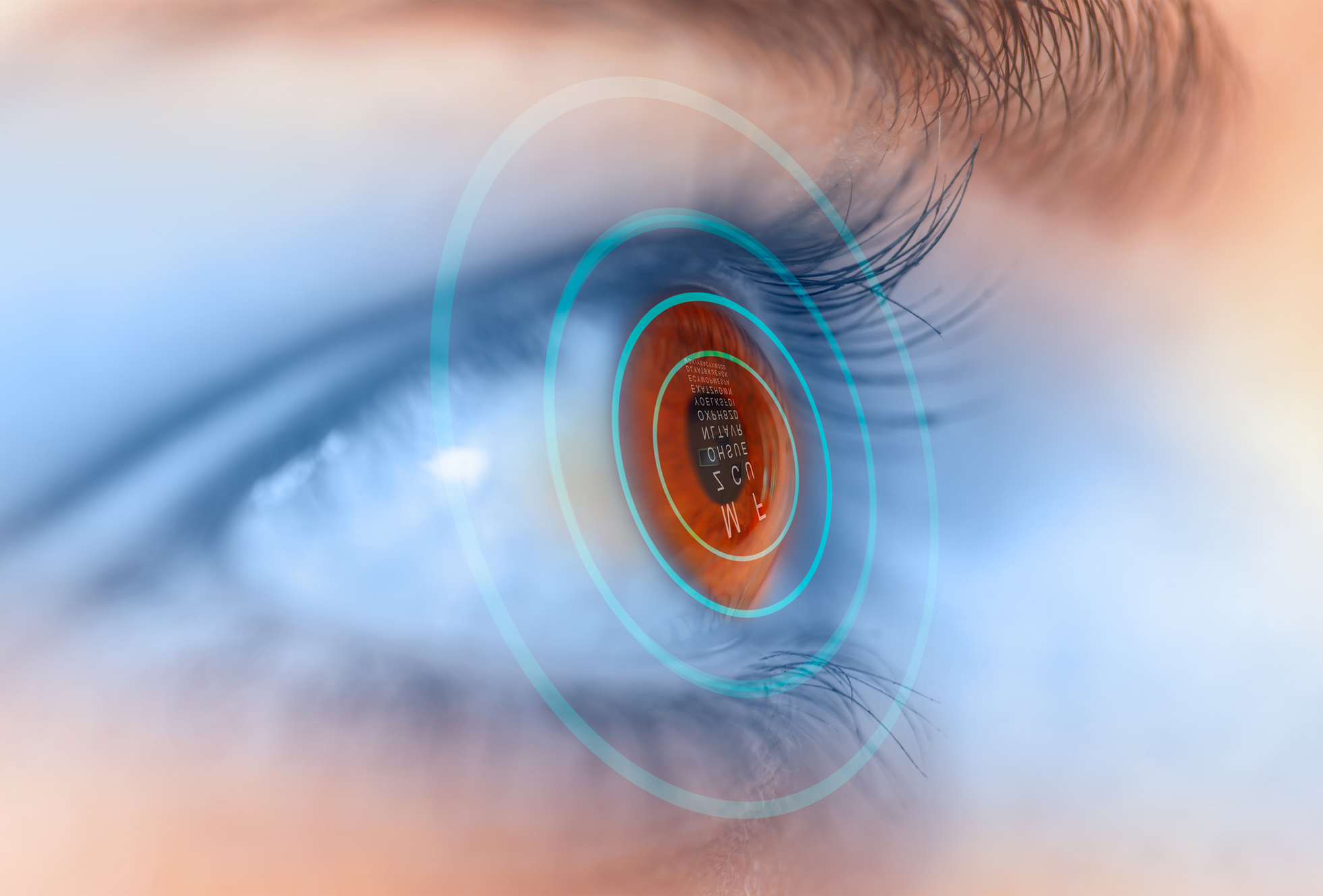 Closeup view of an eyeball with a vision test graphic.