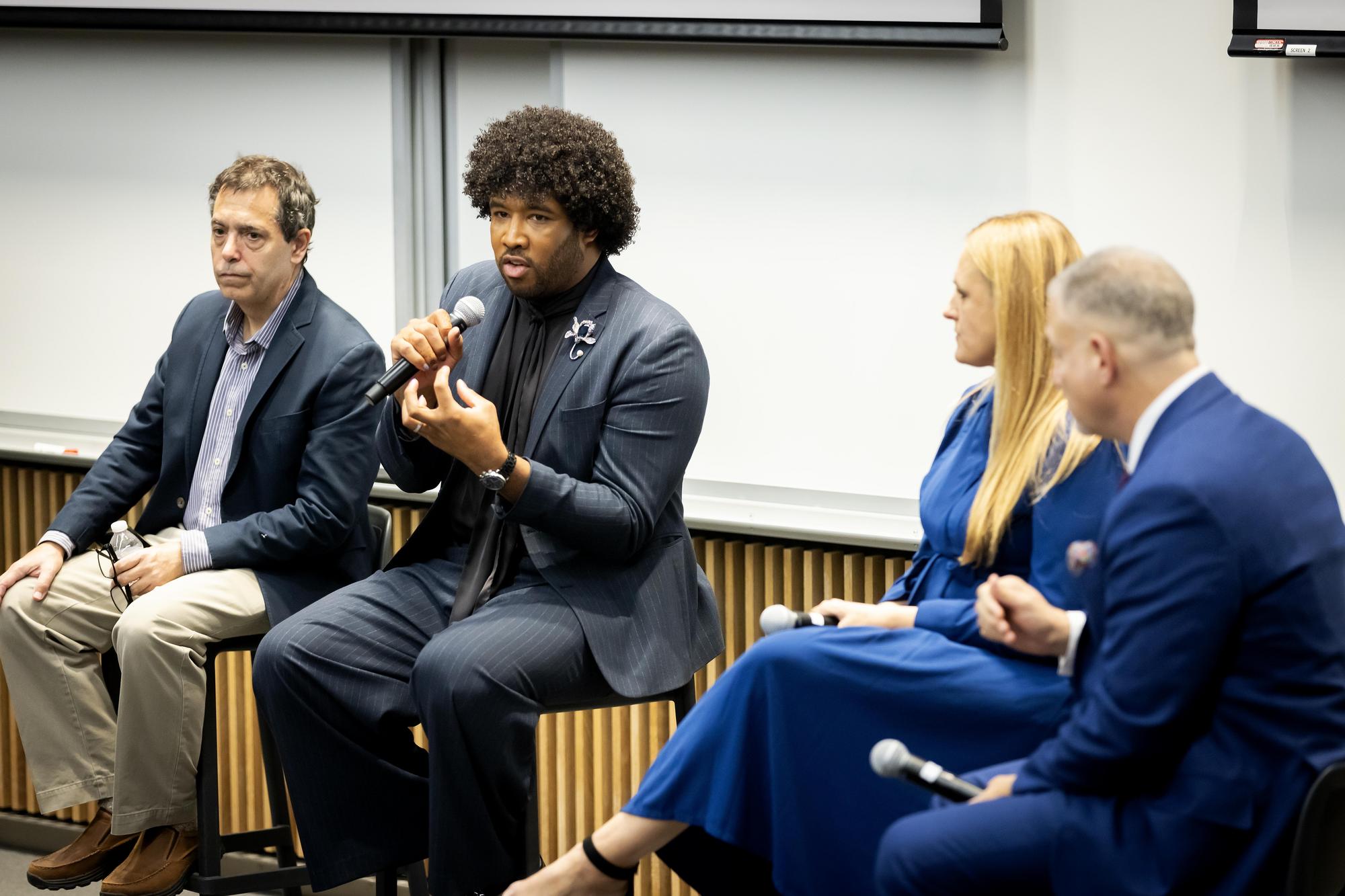 From left, journalists Greg Sargent, Eugene Daniels, Sarah McCammon and David Drucker share their perspectives and insights on the 2024 election at a recent roundtable on campus.