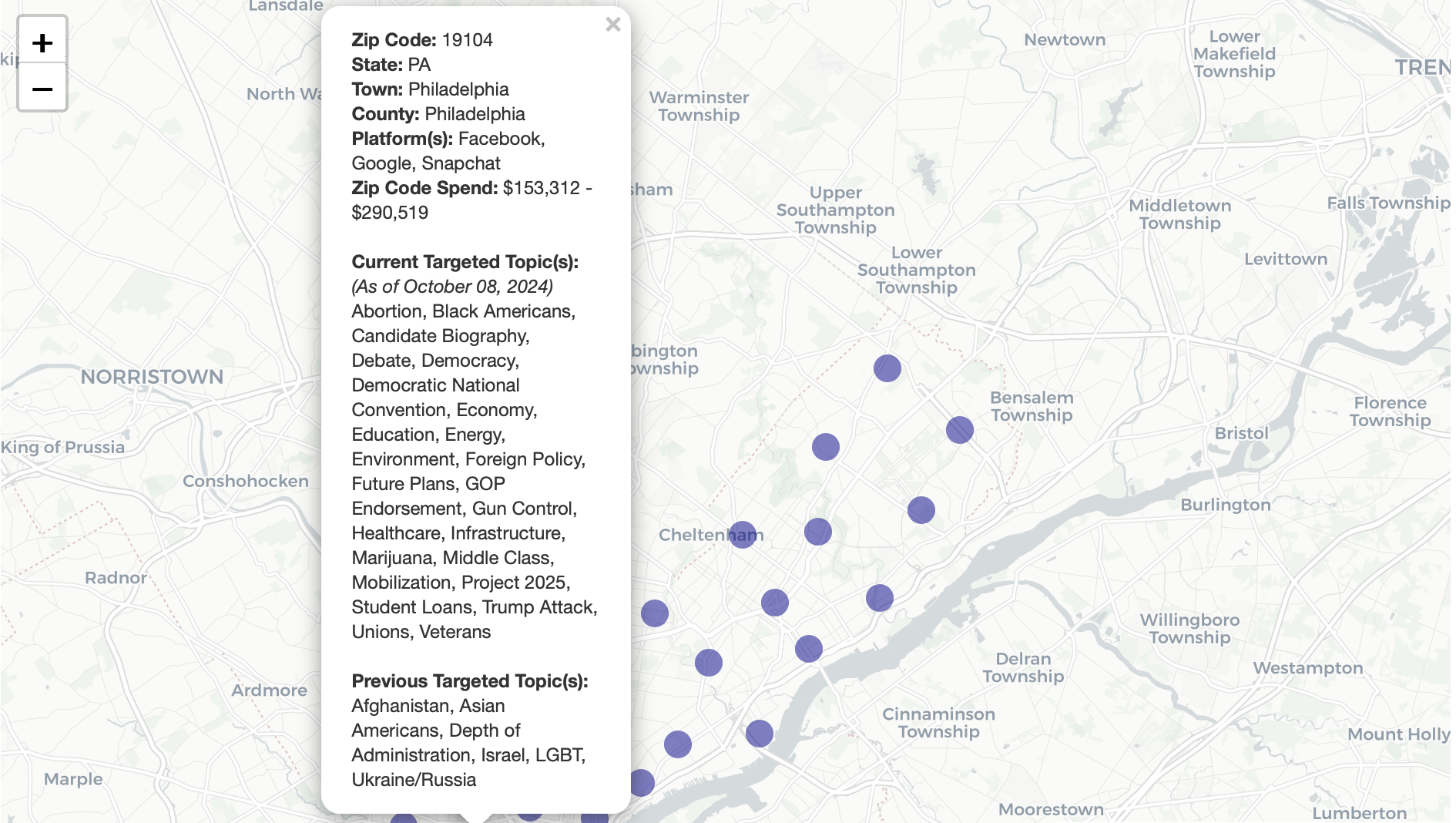 Part of dashboard showing Harris campaign digital ad spending in Philadelphia.