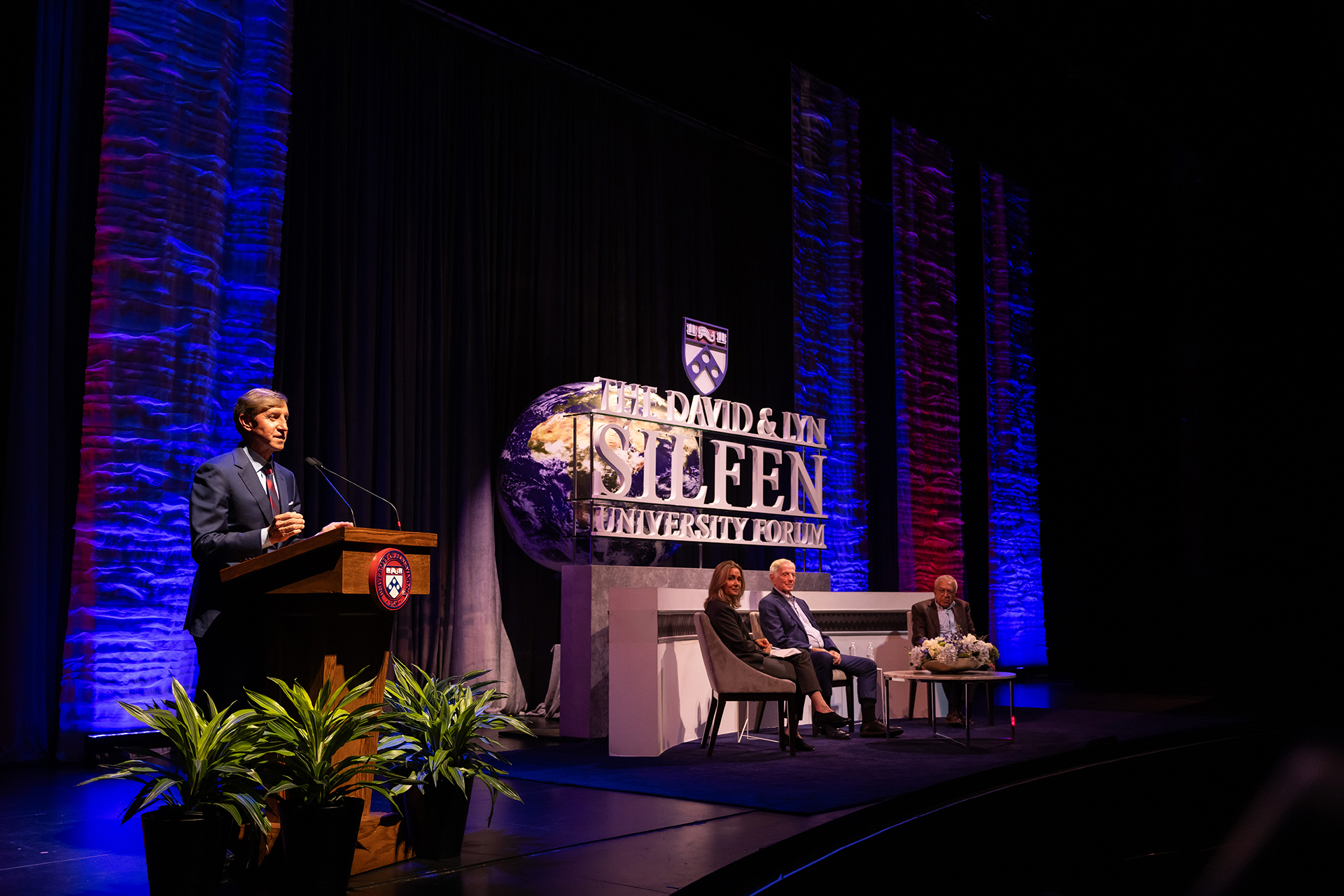 Penn president J. Larry Jameson at the podium during Penn’s Silfen Forum.