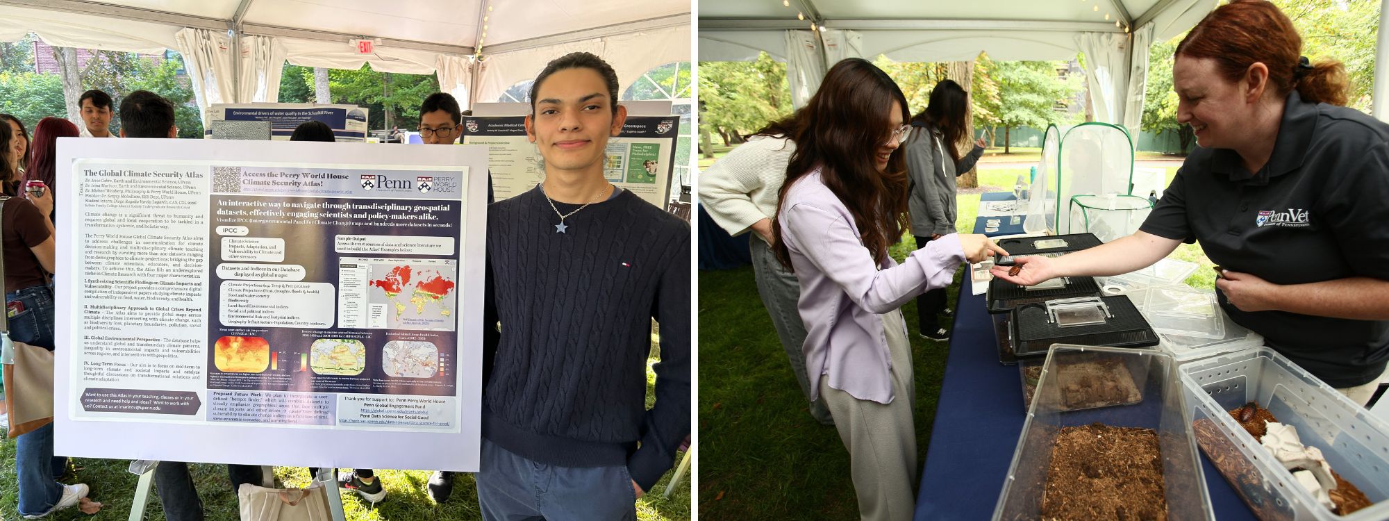 Left: A student by their climate week information poster; right: A rep from Penn Vet holds an insect out for a student to see.