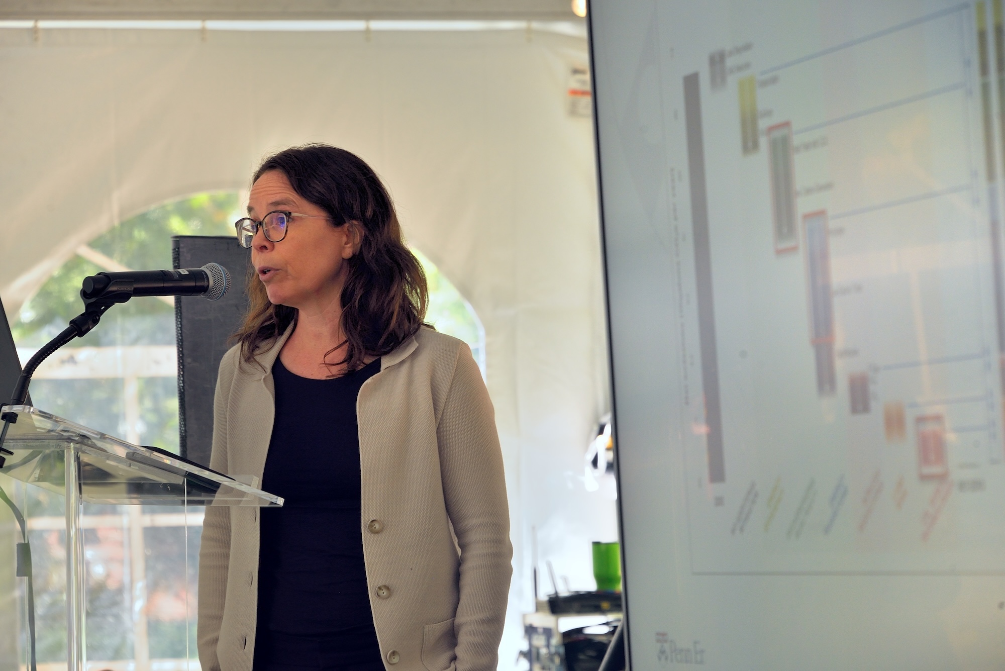 Jen Wilcox stands in front of a monitor displaying graphs related carbon sequestration.