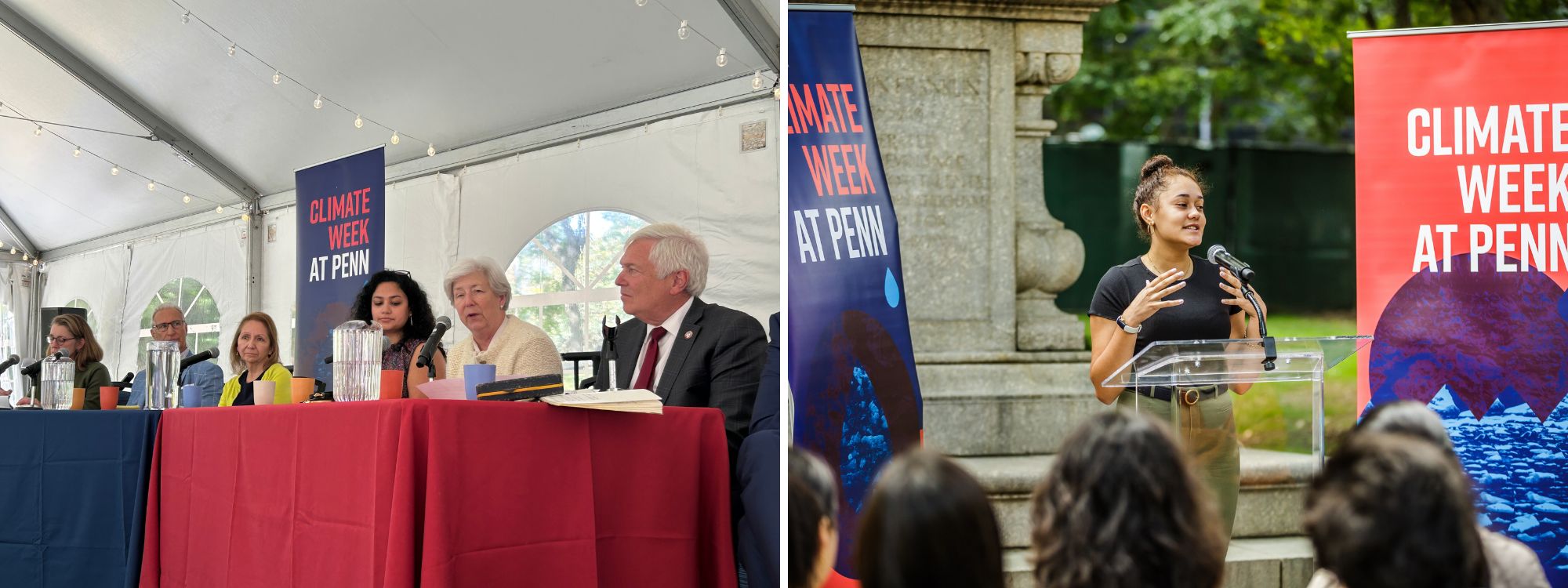 Left: A panel of climate deans at a table at the Climate Week Tent. Right: A speaker at a podium outside on Penn’s campus.