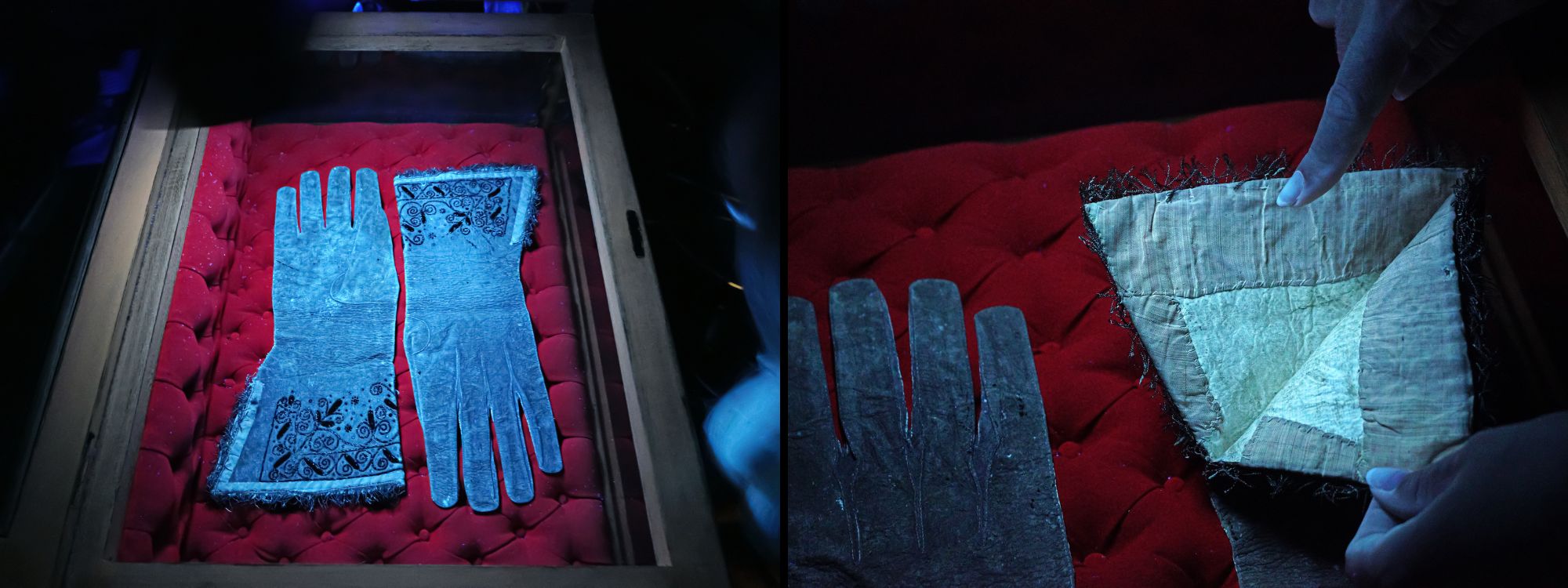 Historic gloves in a case being scanned for carbon dating.