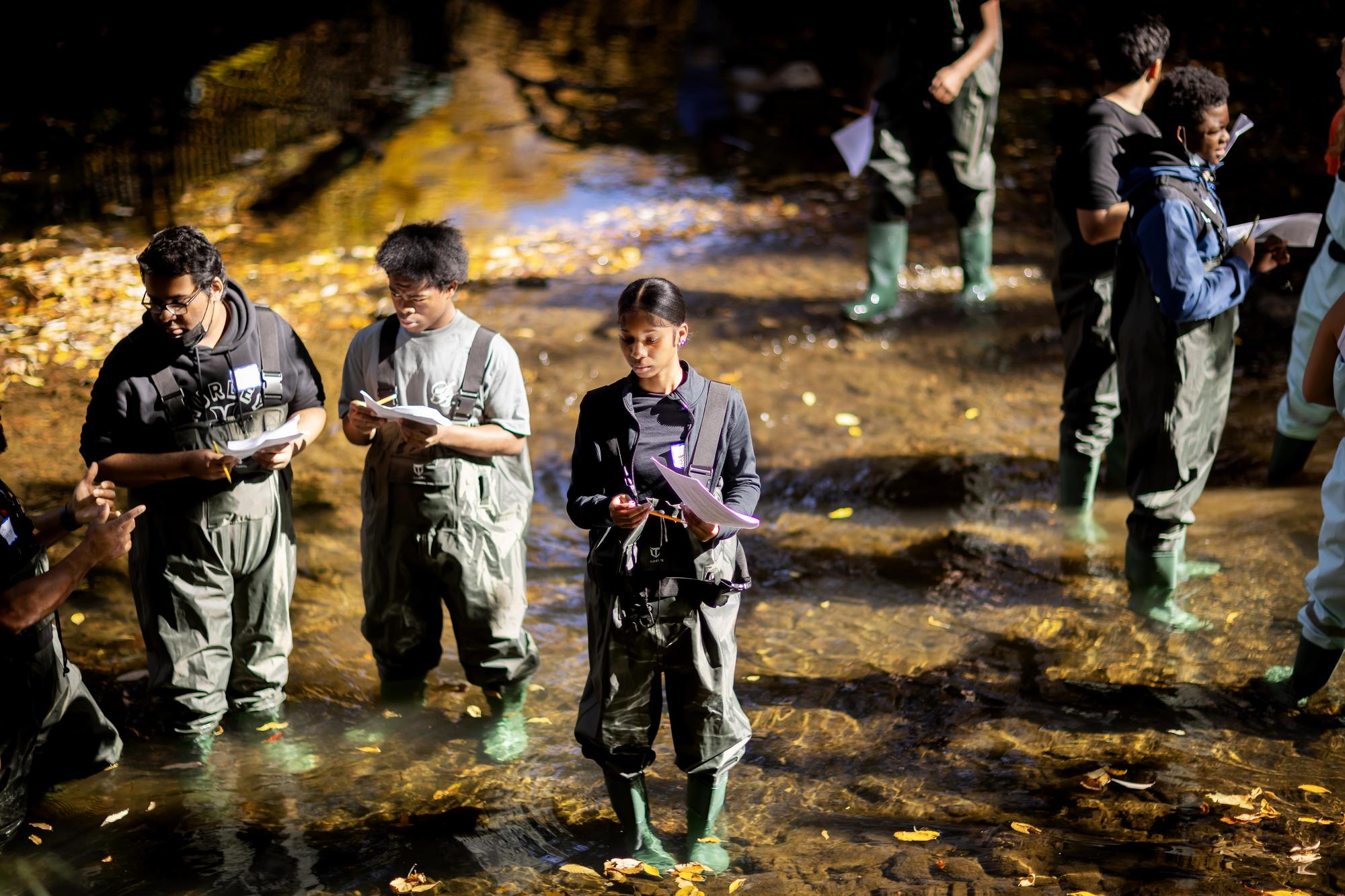 Penn students and Sayre high school students in waders in a river in Cobb’s Creek.