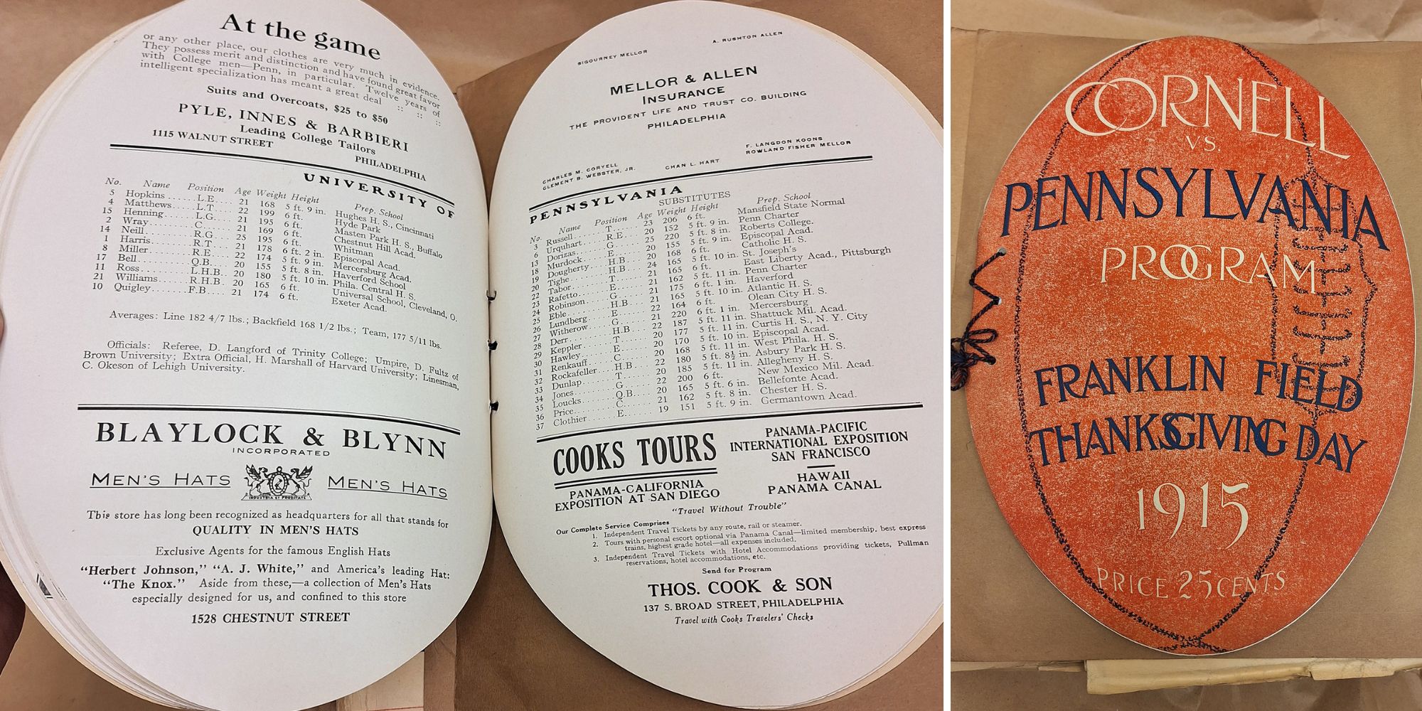 Historic programs from a 1915 Penn versus Cornell football game.