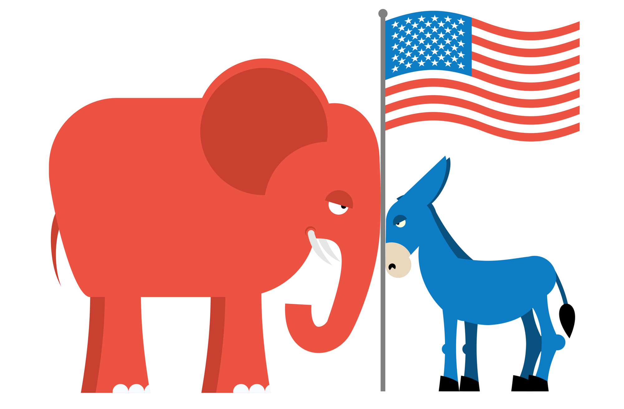 A cartoon elephant and donkey next to an American flag.