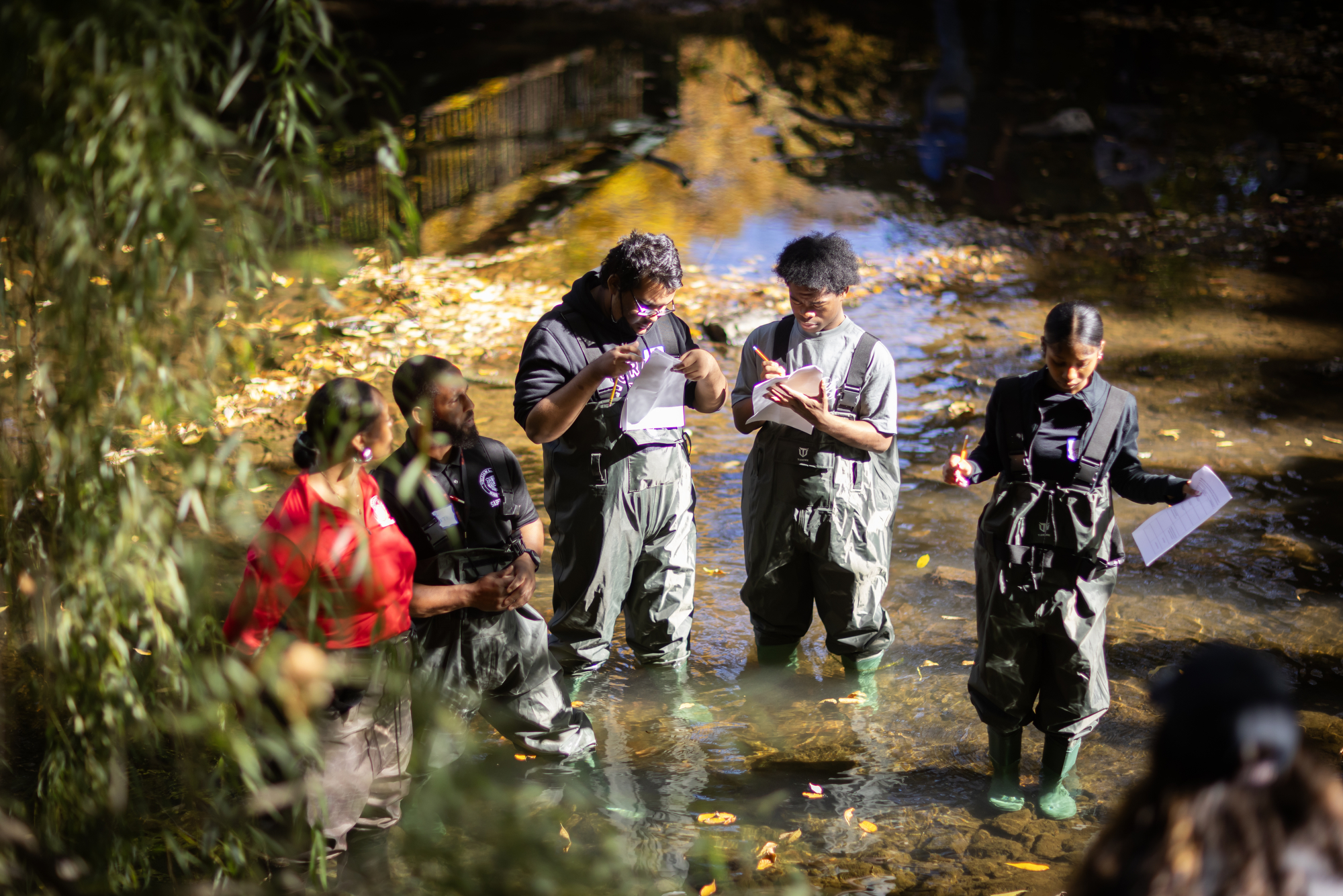 sayre and penn students wading knee high in water