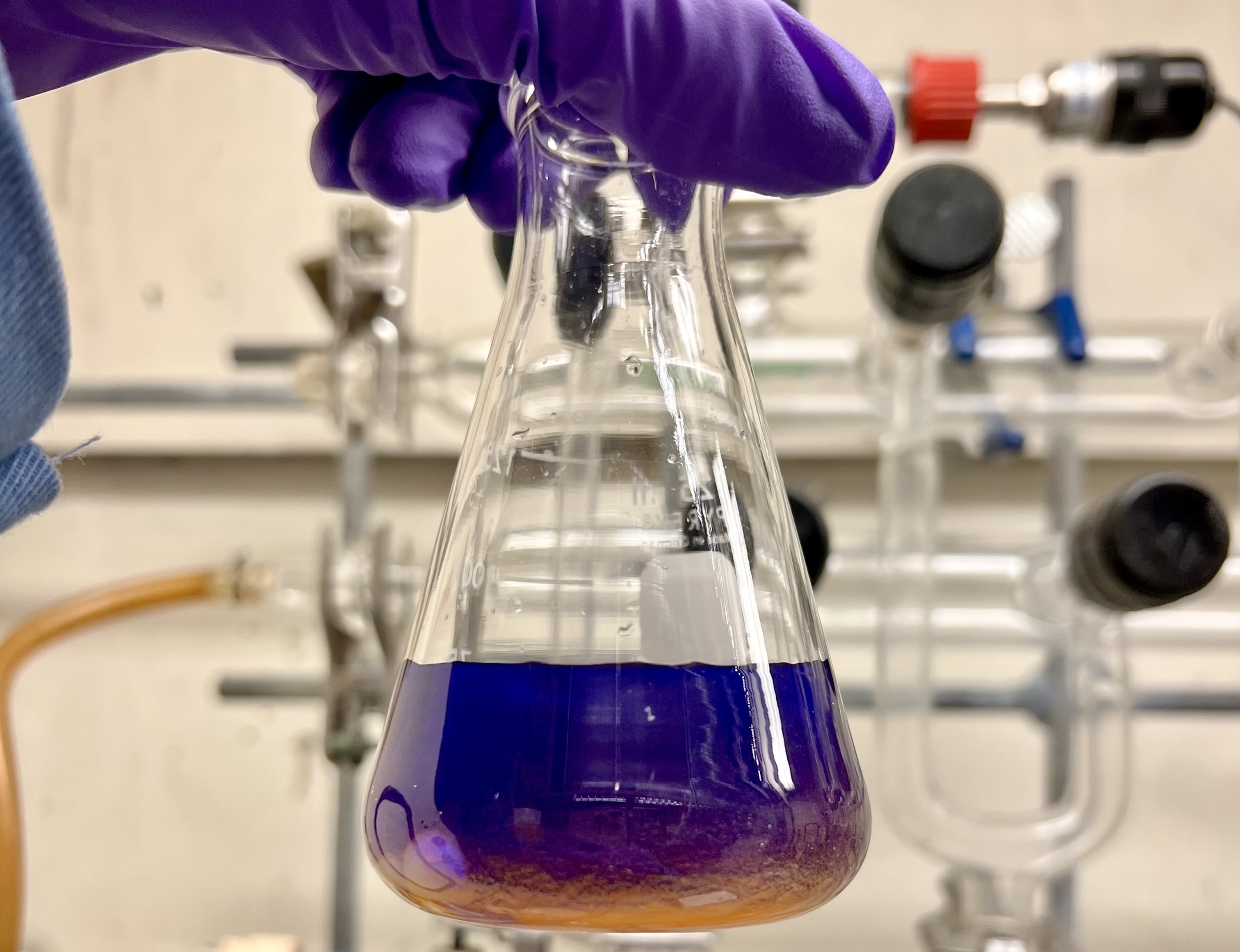 Researcher holding a beaker with purple liquid.