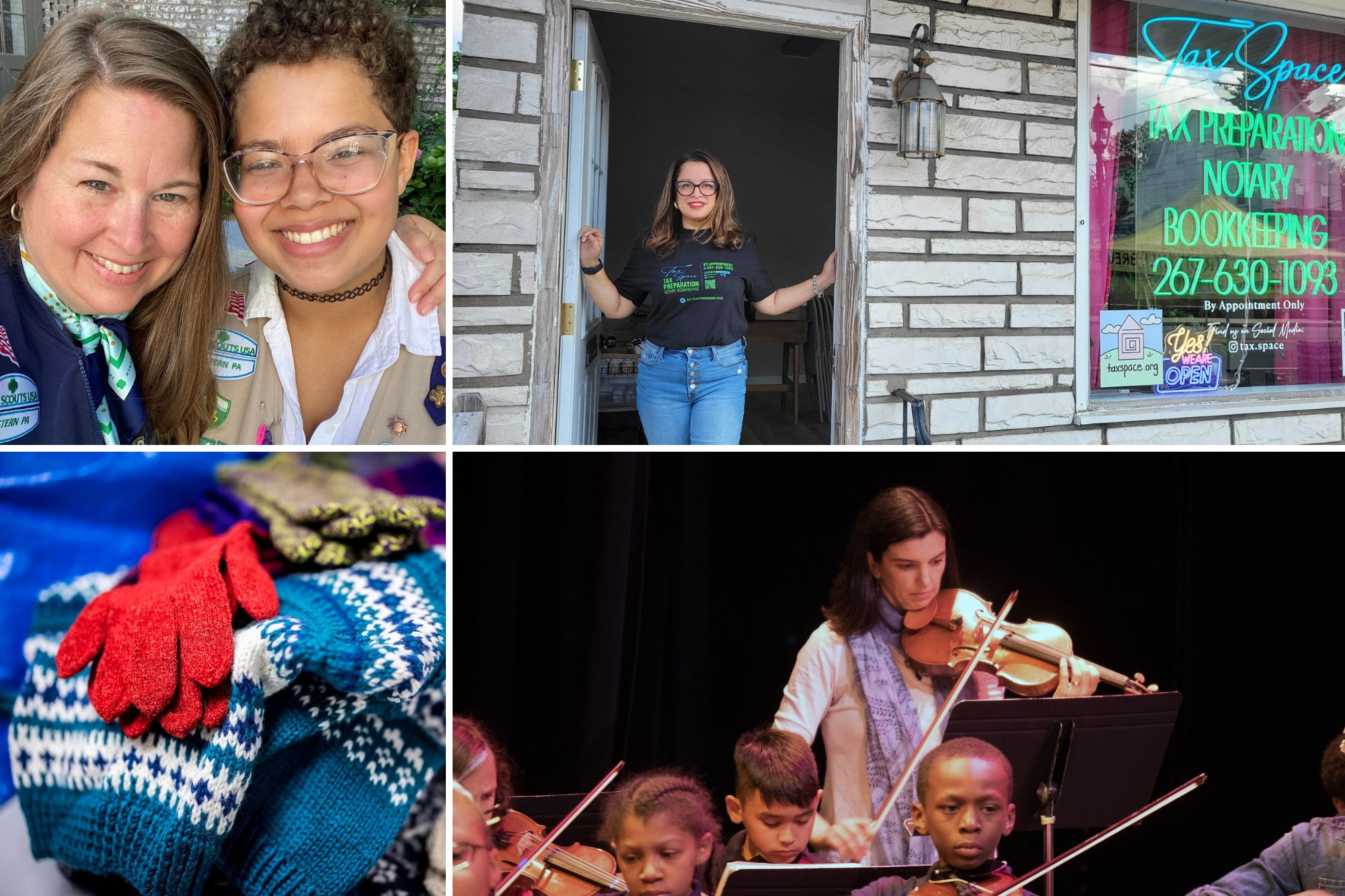 Top row: Heather Kelley-Thompson with a Girl Scout; Jessica DeJesus in the doorway of her tax storefron. Bottom row: Knitted sweaters and gloves; Molly McGlone playing violin in a youth orchestra.