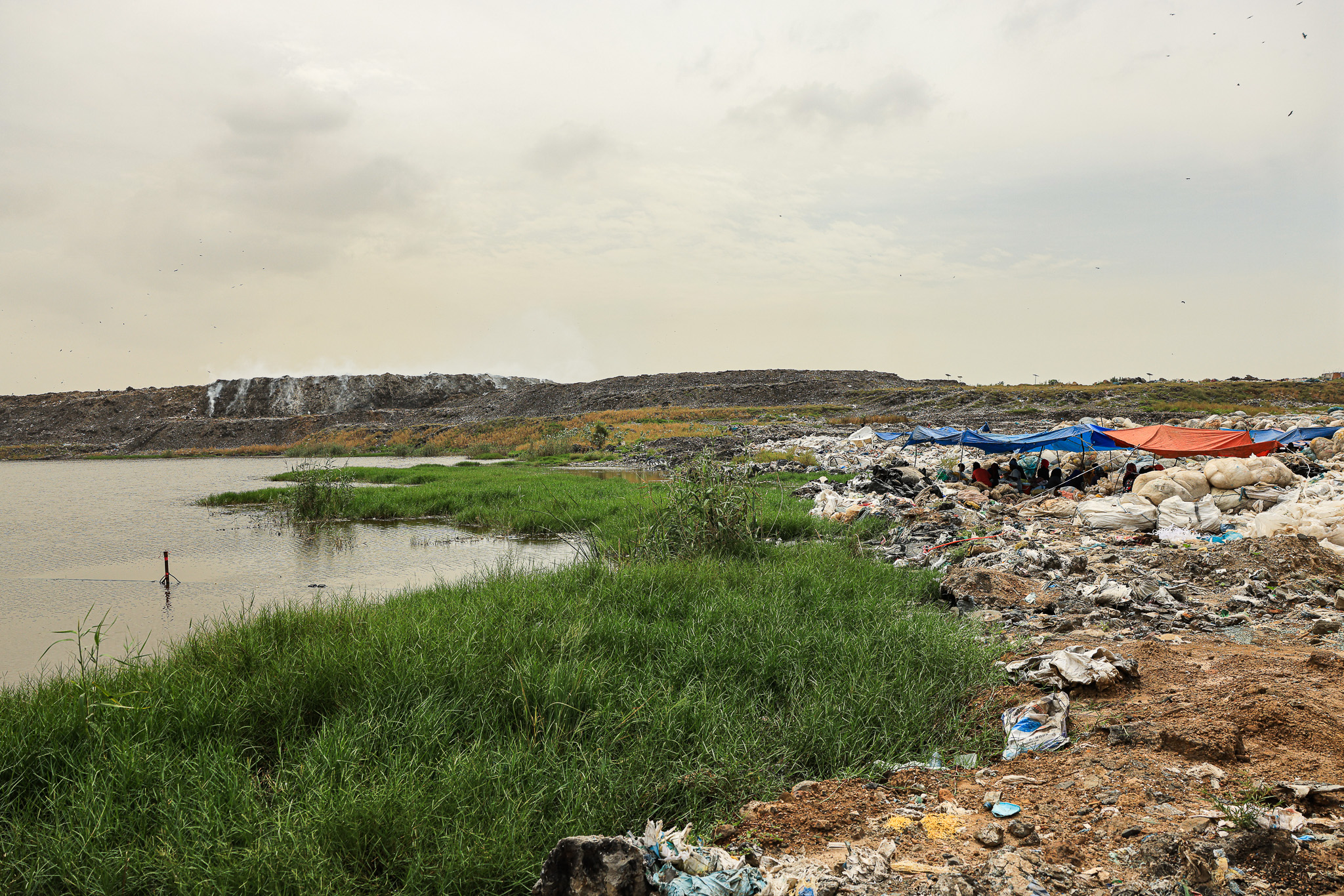 A landscape showing a lot of pollution along a shoreline.