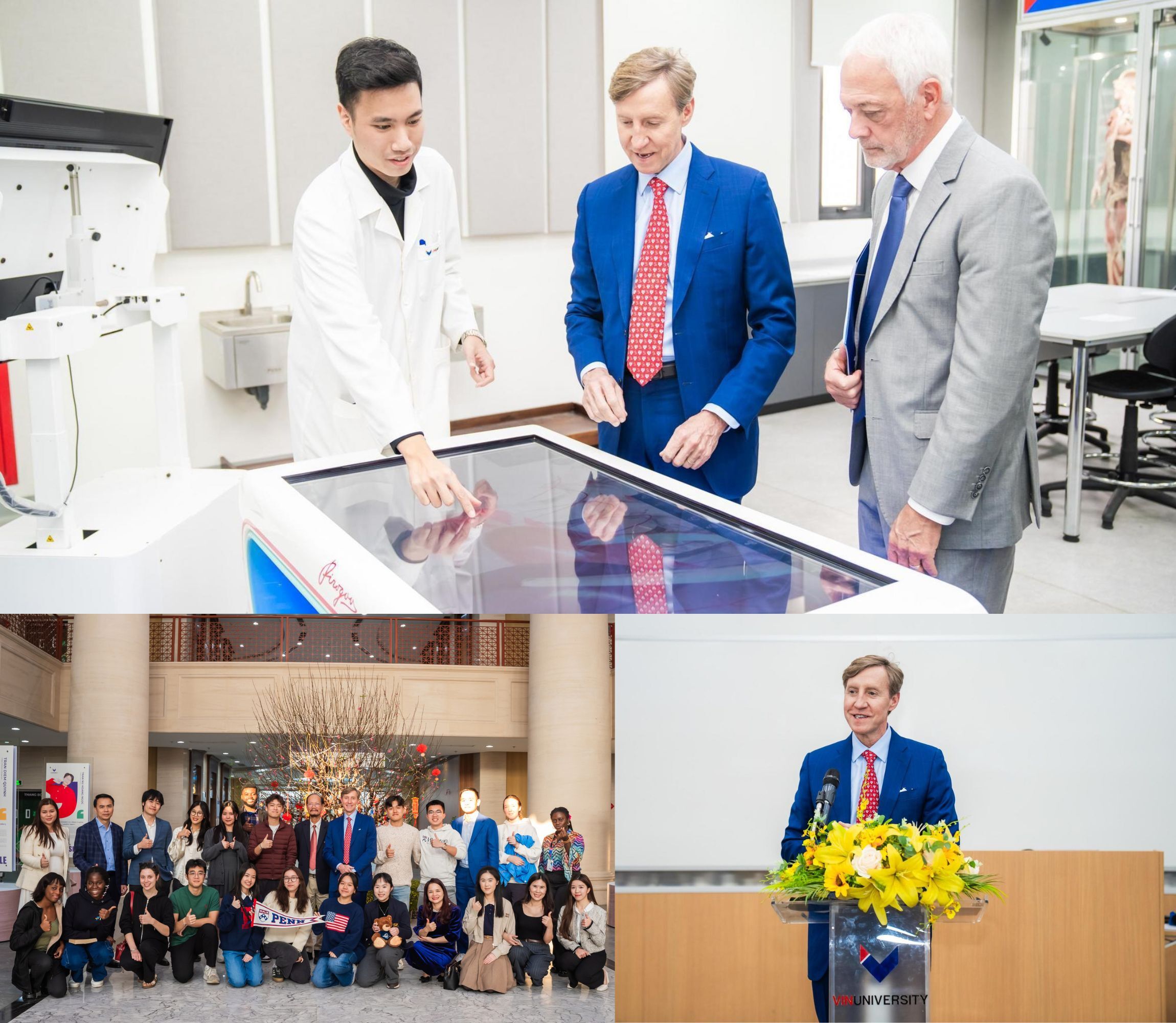 Triptych featuring Larry Jameson in a laboratory, posing with students, and speaking at a podium