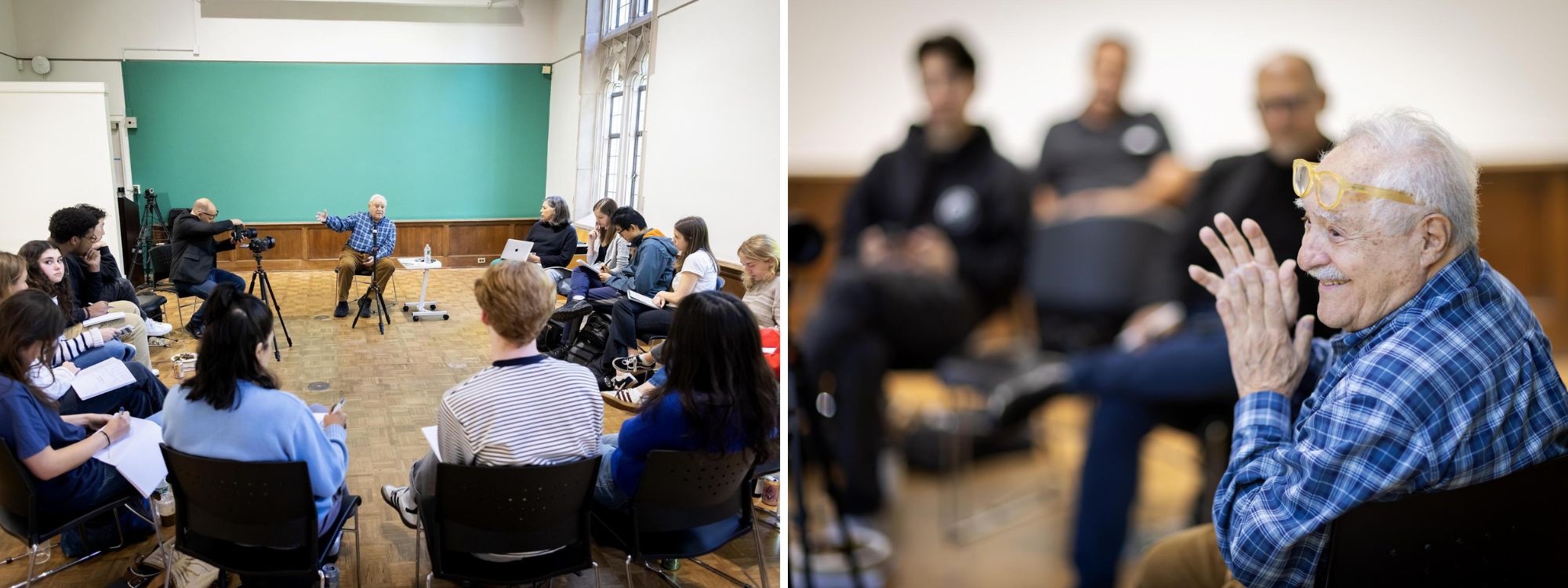 Two shots of a class being taught in the Arthur Ross Gallery.