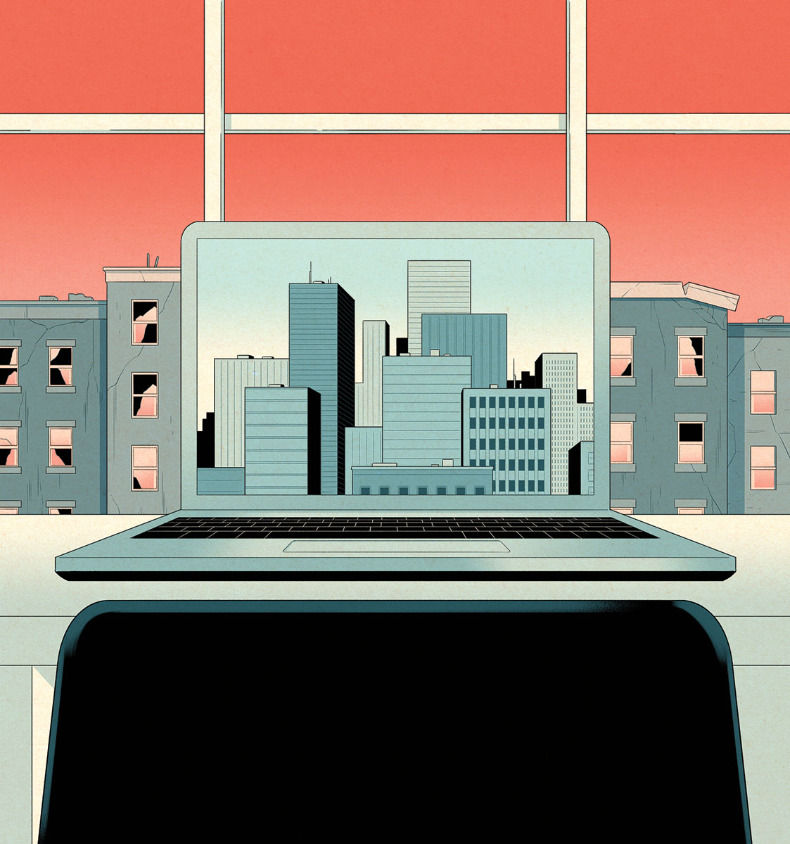 Illustration of a city on a laptop screen.