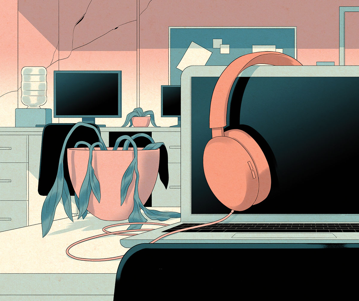 Illustration of a laptop with headphones hanging from the screen and a dying plant on a desk.