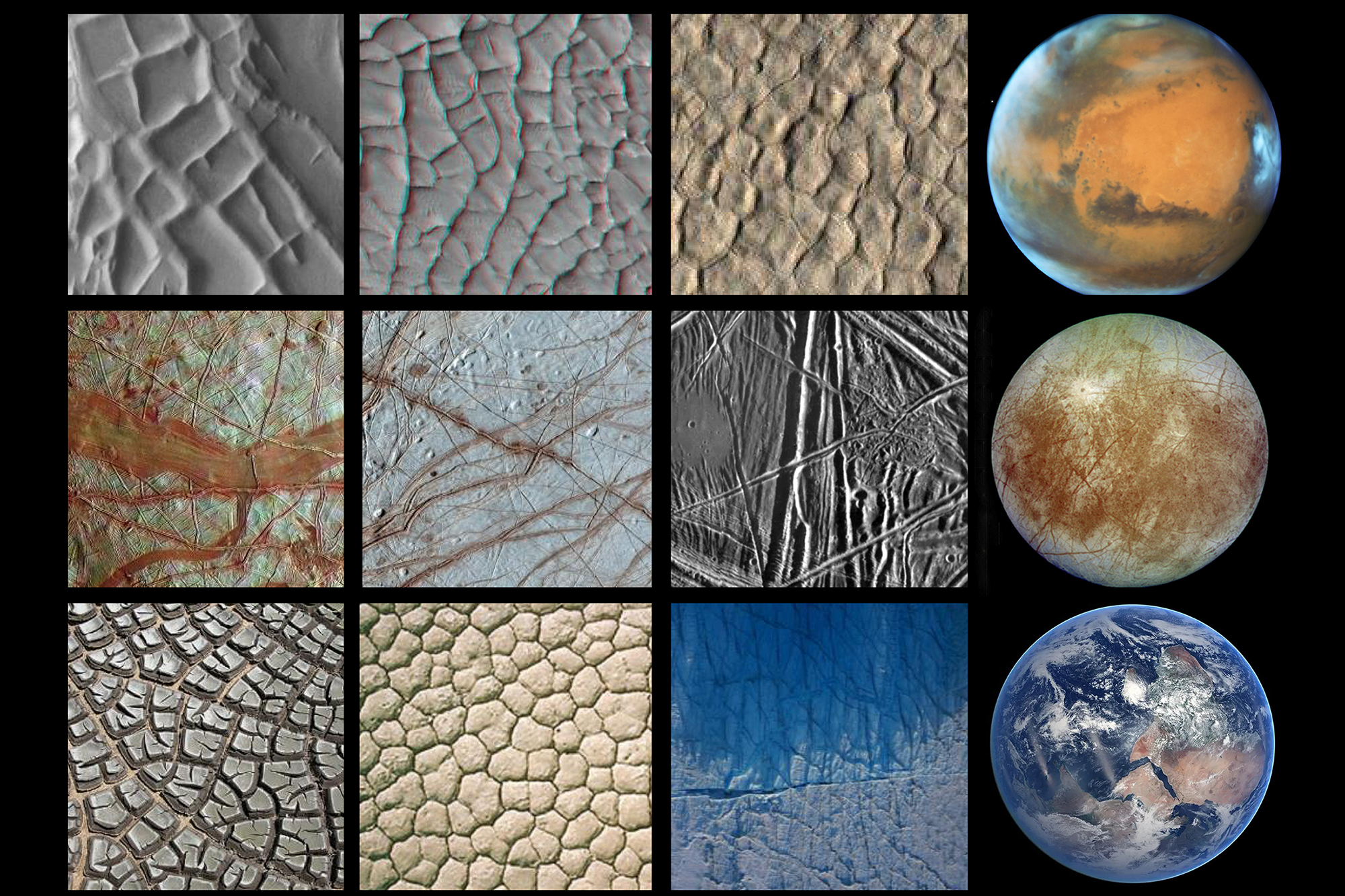 Six closeup images of the surfaces of Earth, Mars, and Europa, and the celestial bodies themselves.