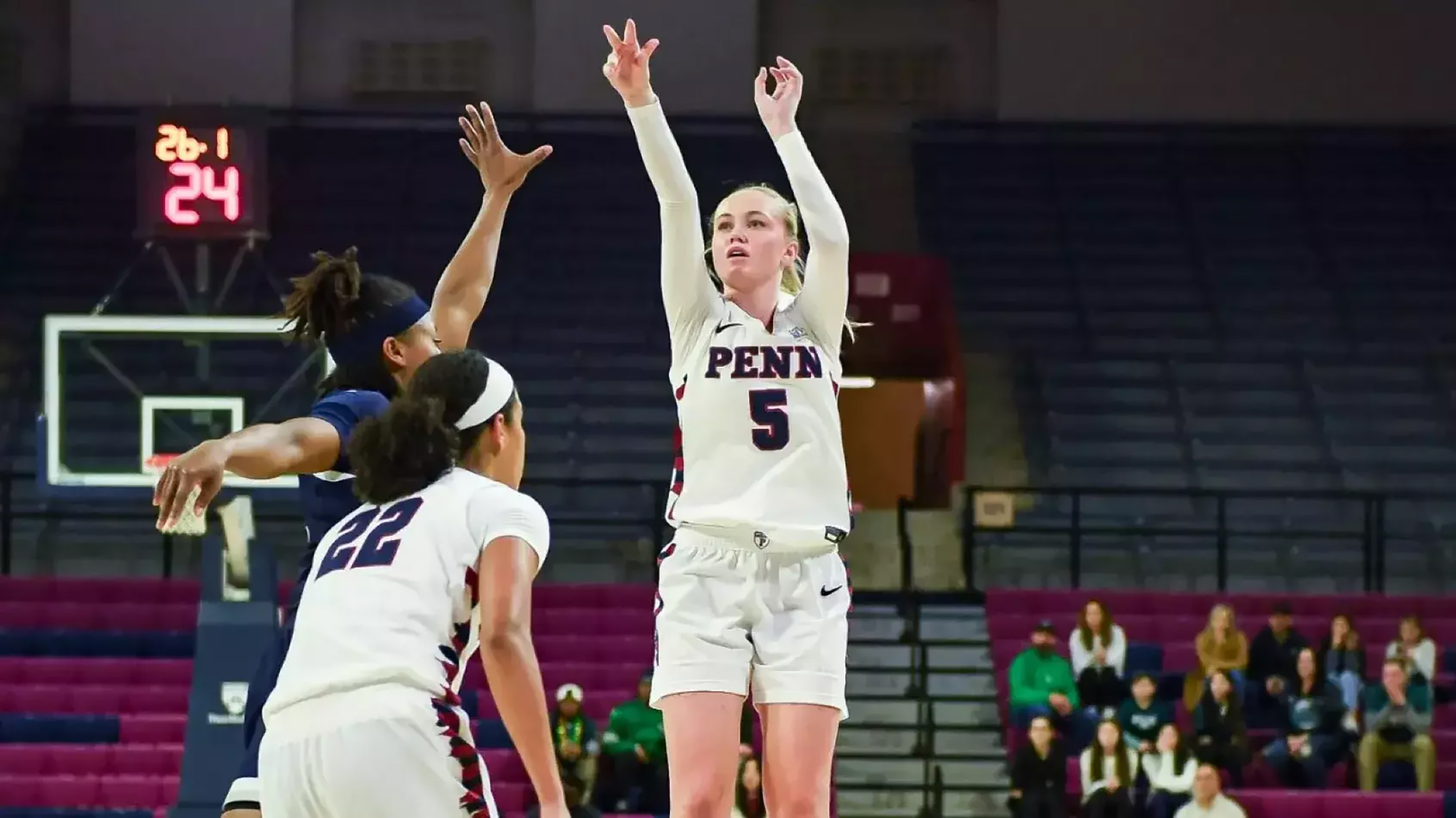 Stina Almqvist shoots the ball during a game at the Palestra.