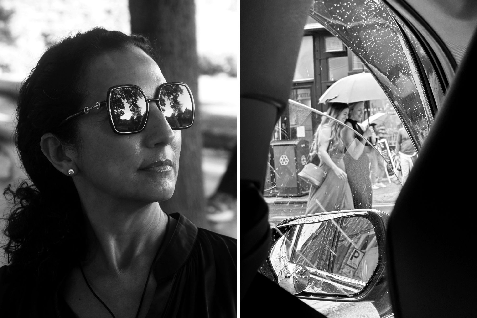 Two black-and-white photos shot by Thea Kerekes, one of her mom and one of two people on the street with an umbrella shot through a car window.