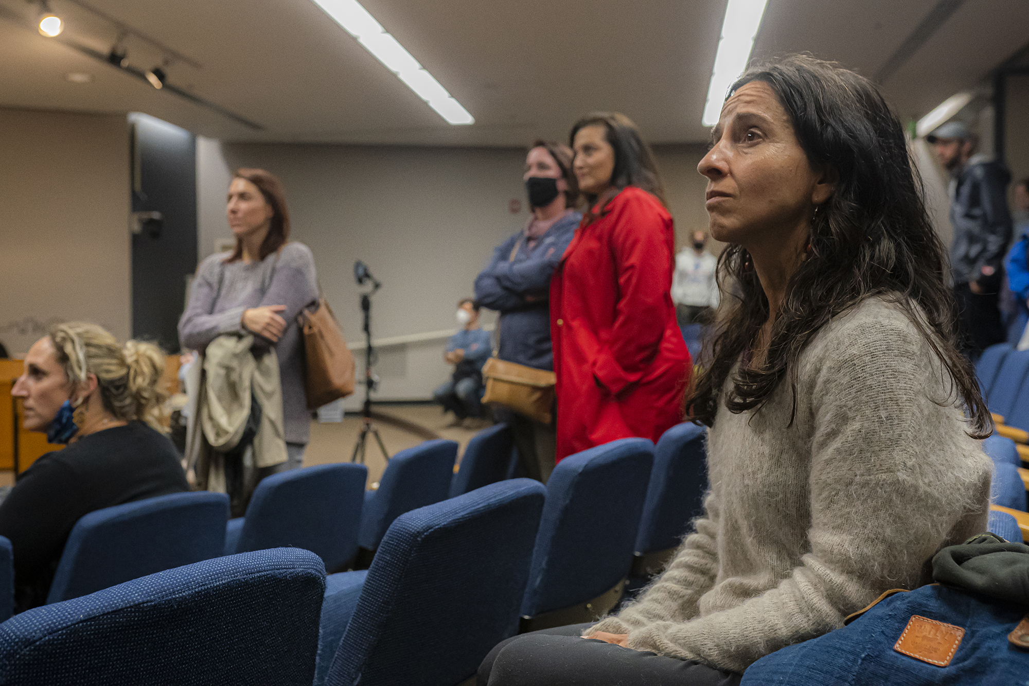 Anti-vaccine mandate protesters gather during a Portland Public Schools board meeting.