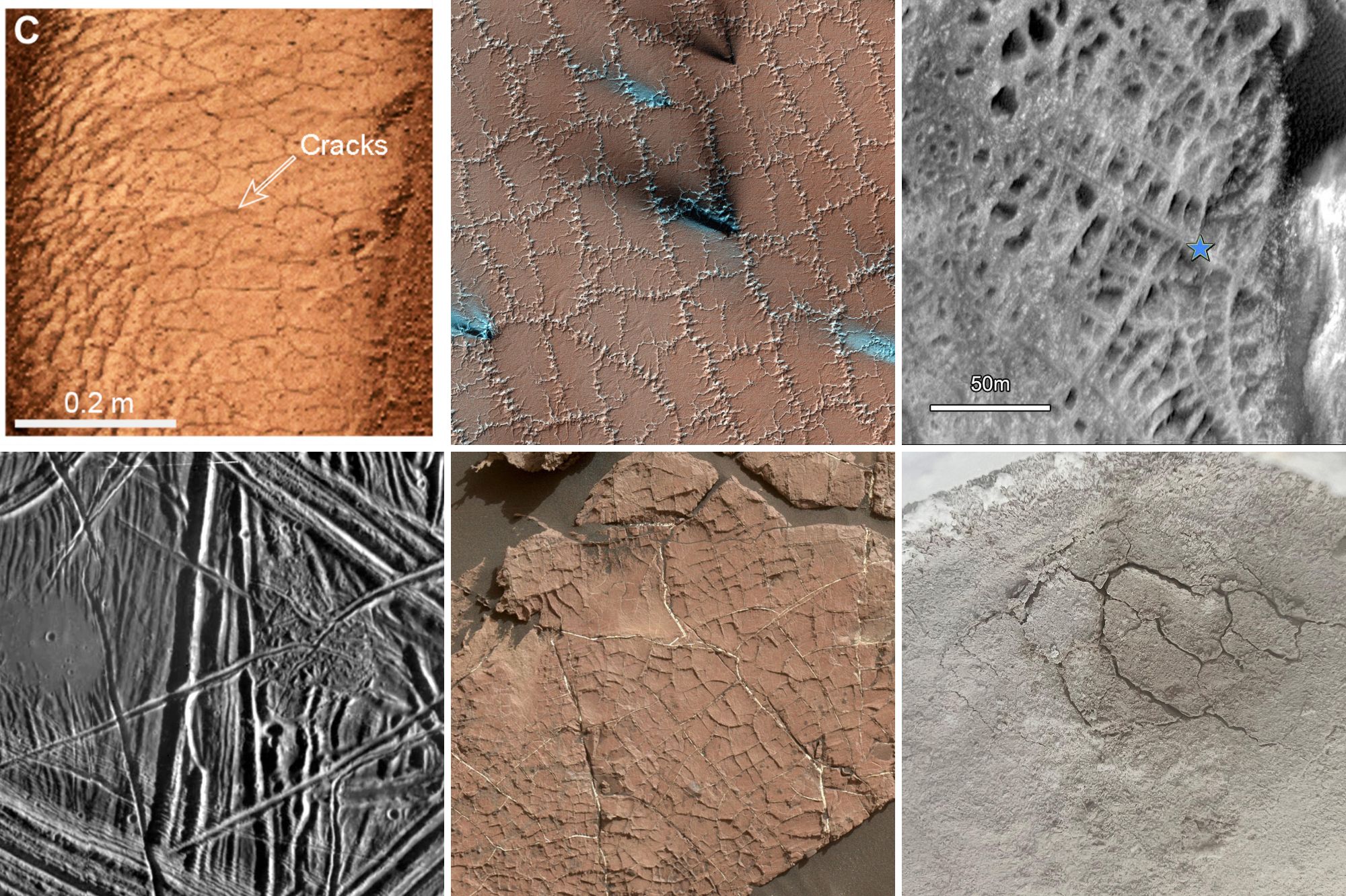 Cracks on the surface of Mars, Earth, and Europa