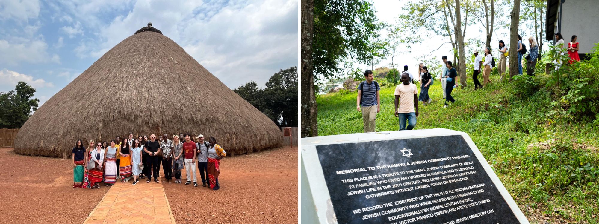 A group of people stand in front of a huge thatched hut and a group of people walk through the forest toward a memorial plaque on a stone