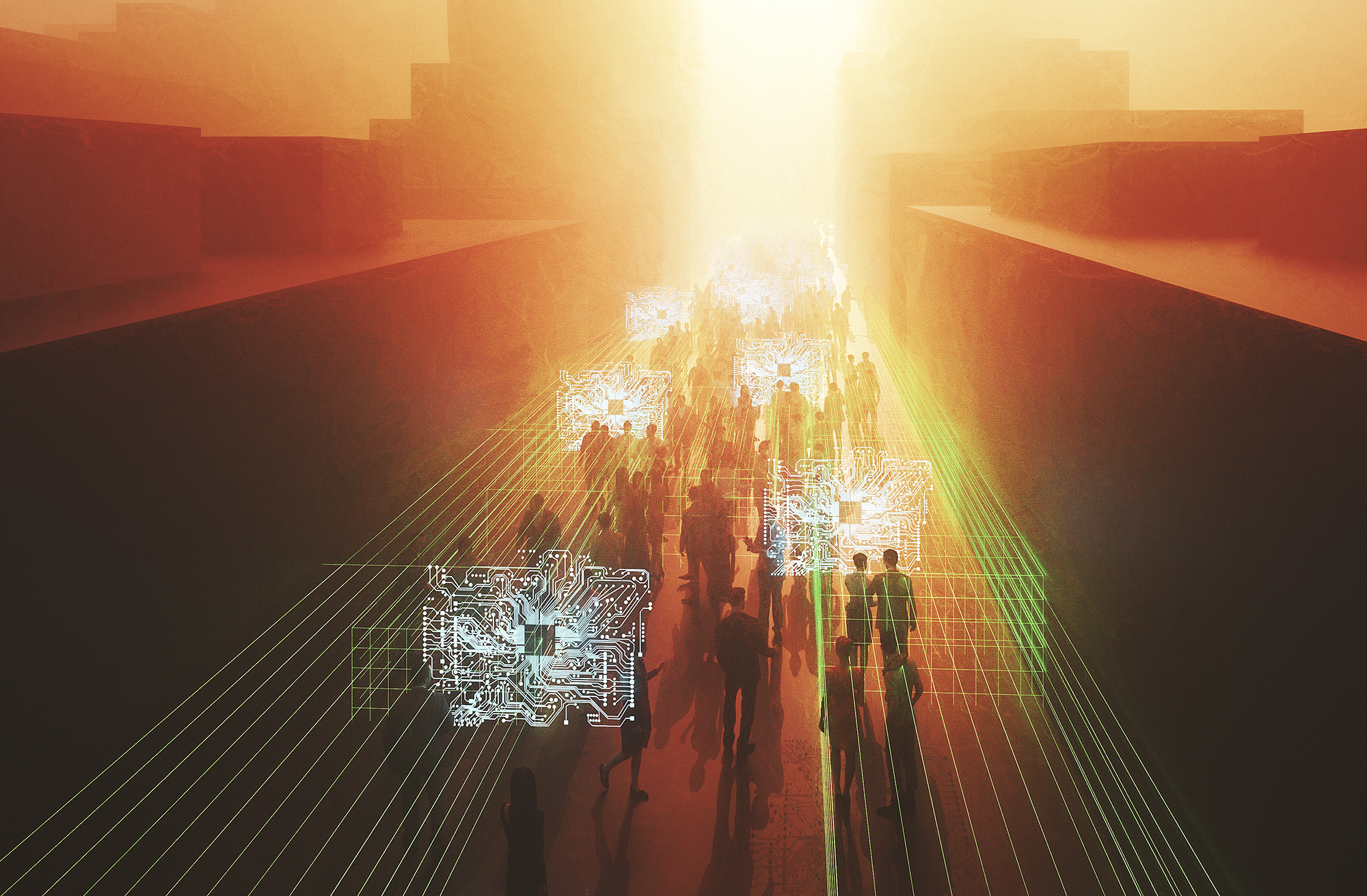 People walking in a city scape with digital data atmospherically surrounding them.