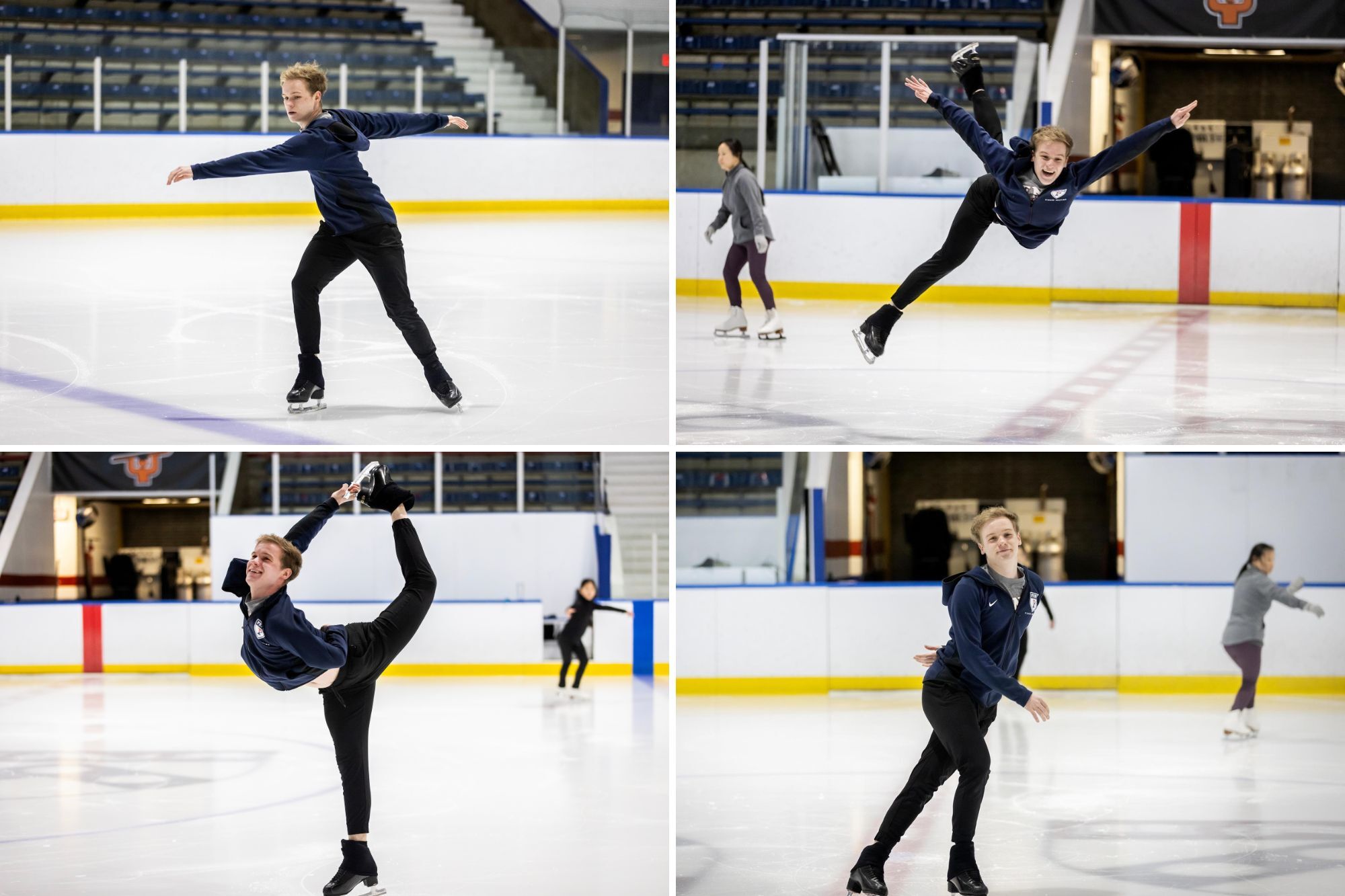 Four images of Nick Bausenwein ice skating.