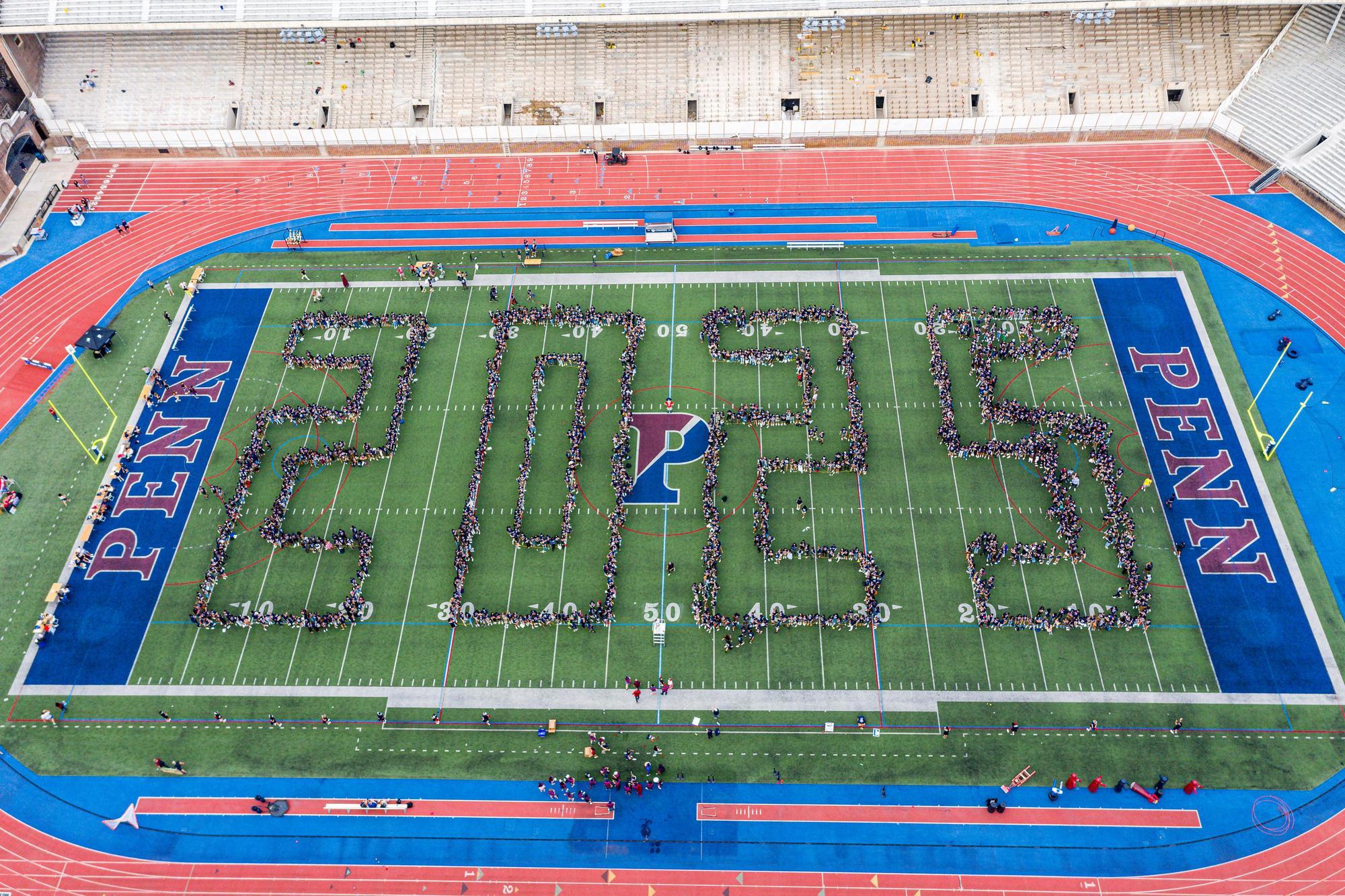 Class of 2025 spelled out on Franklin Field by the undergraduate class.