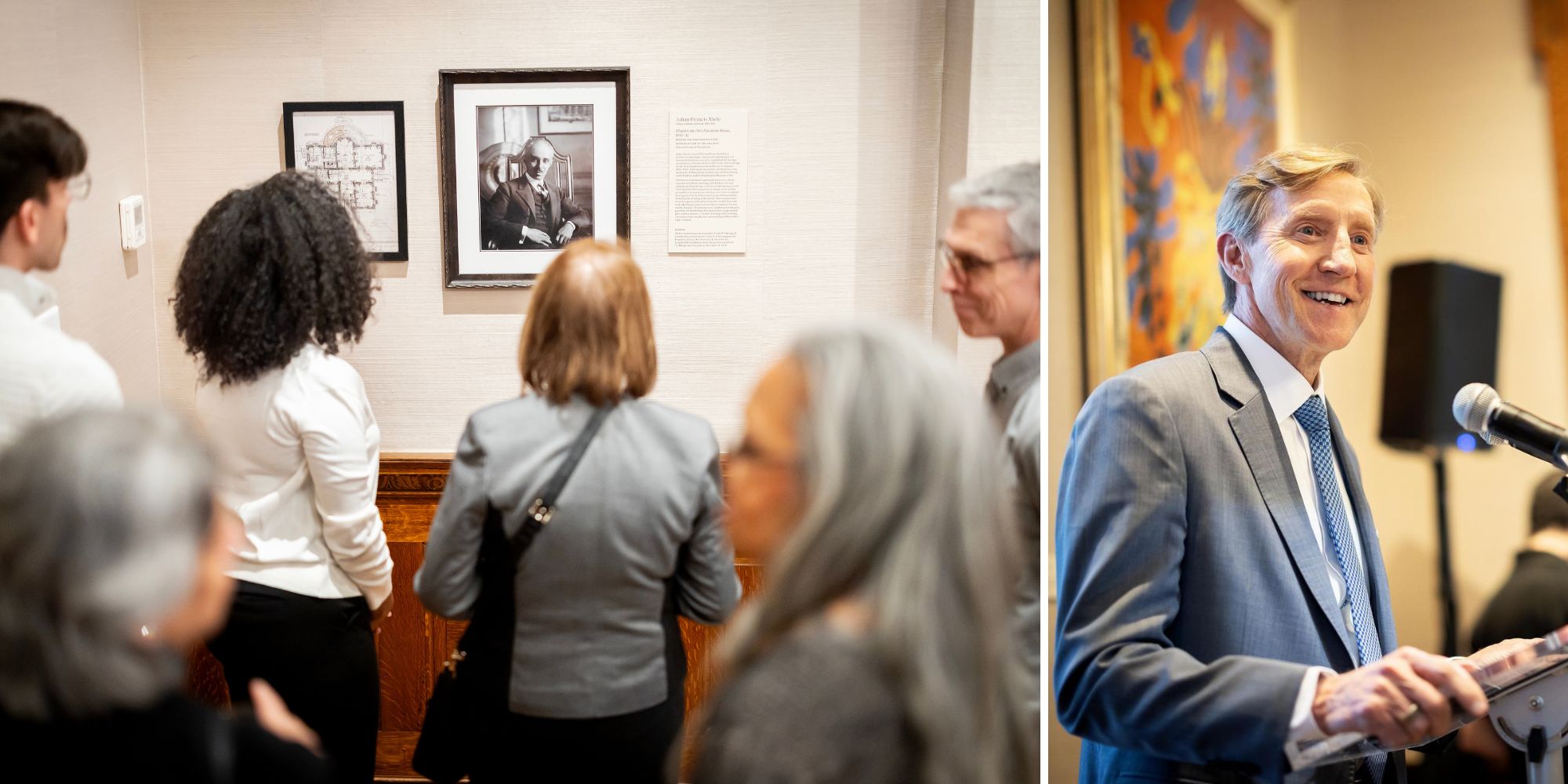 People looking at a portrait of Julian Abele, and Penn President J. Larry Jameson speaking at a podium at the opening.