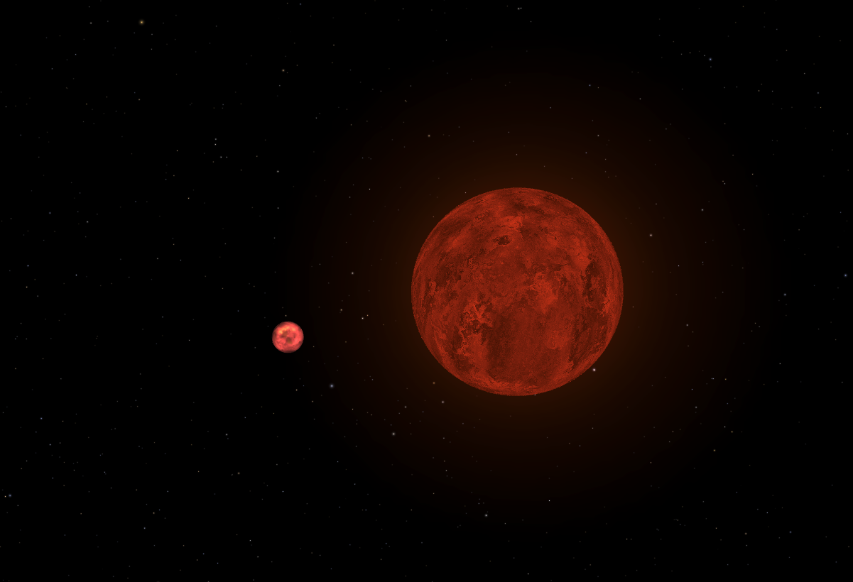 A rendering of the exoplanet LHS 3844 b (left) and its sun LHS 3844