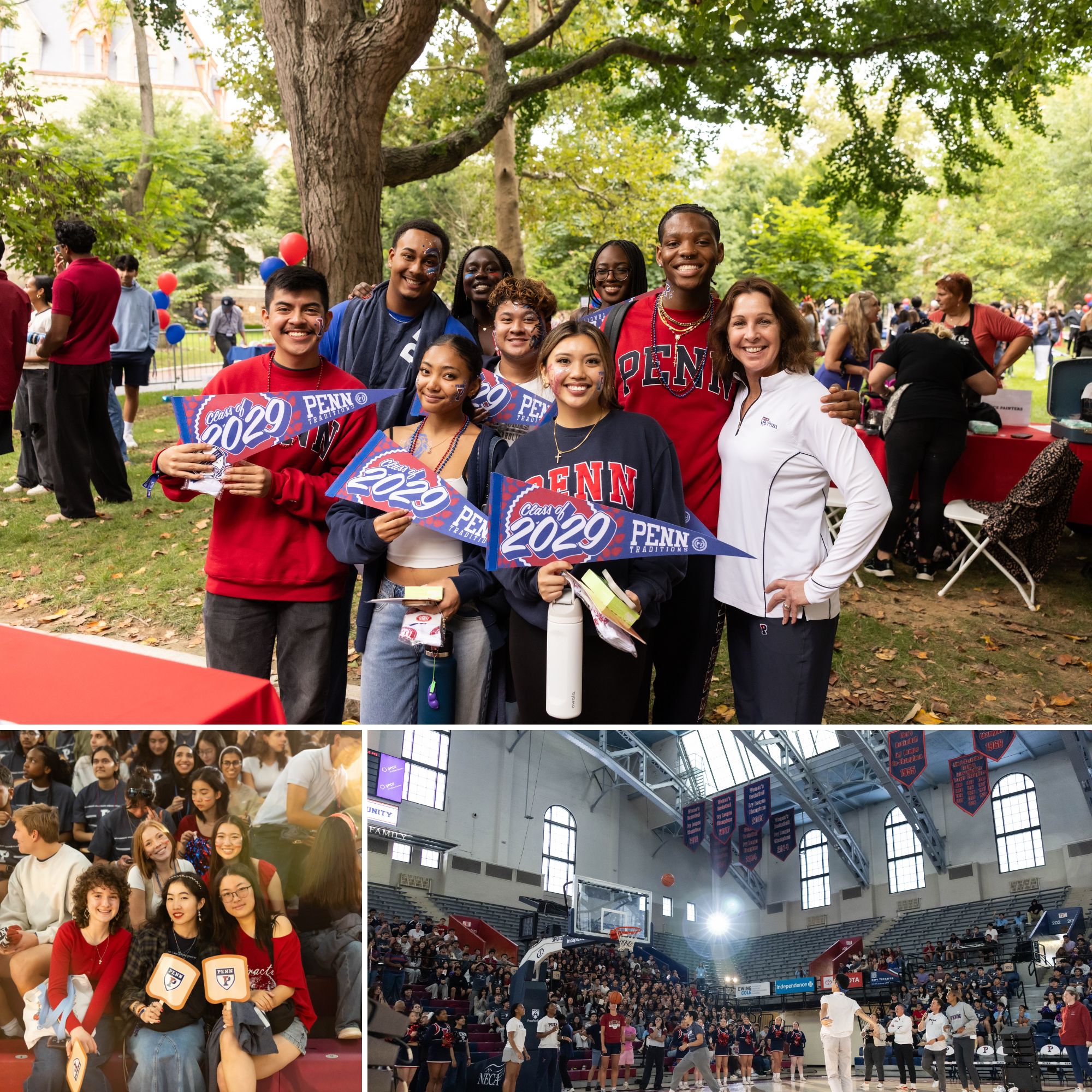 Top: Students holding Class of 2029 banners; bottom left, students in the bleachers at The Palestra; bottom right: A student shoots a basketball while the crowd watches at The Palestra.