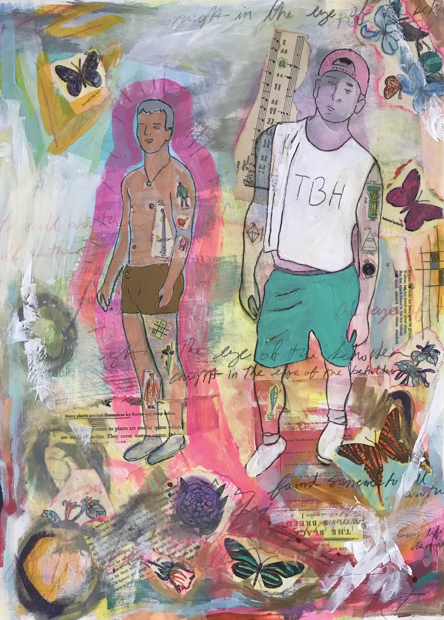 Watercolor portraits mixed with handwriting and butterflies