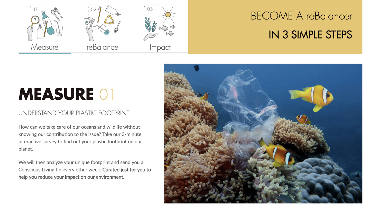 A screenshot of a website says "become a rebalancer in 3 simple steps" then states Measure, reBalance, Impact