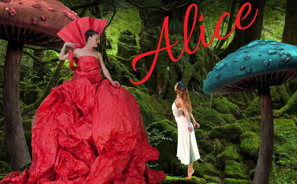 Two women in costume with green backdrop featuring two giant mushrooms