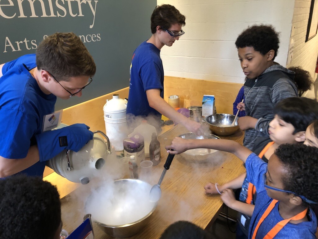 people around a bowl of steamy liquid nitrogen