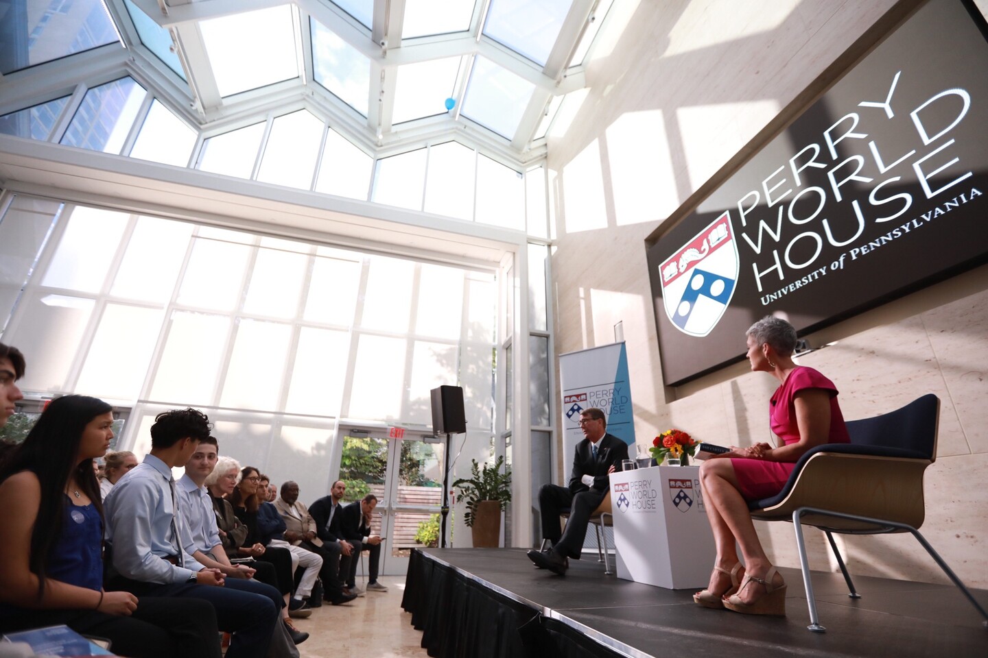 Ash Carter on stage with FOX News Channel journalist Jennifer Griffin at the Perry World House Fall Colloquium. 