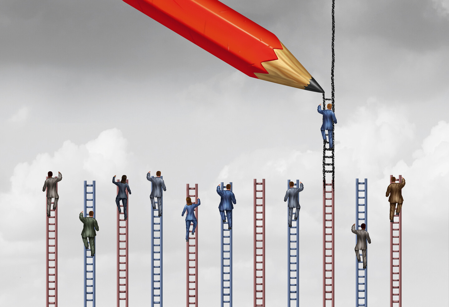 Concept of inequality rendering: 11 ladders reaching towards the sky with people in business attire climbing each ladder, one considerably higher with a large pencil marking the growing height of the ladder.
