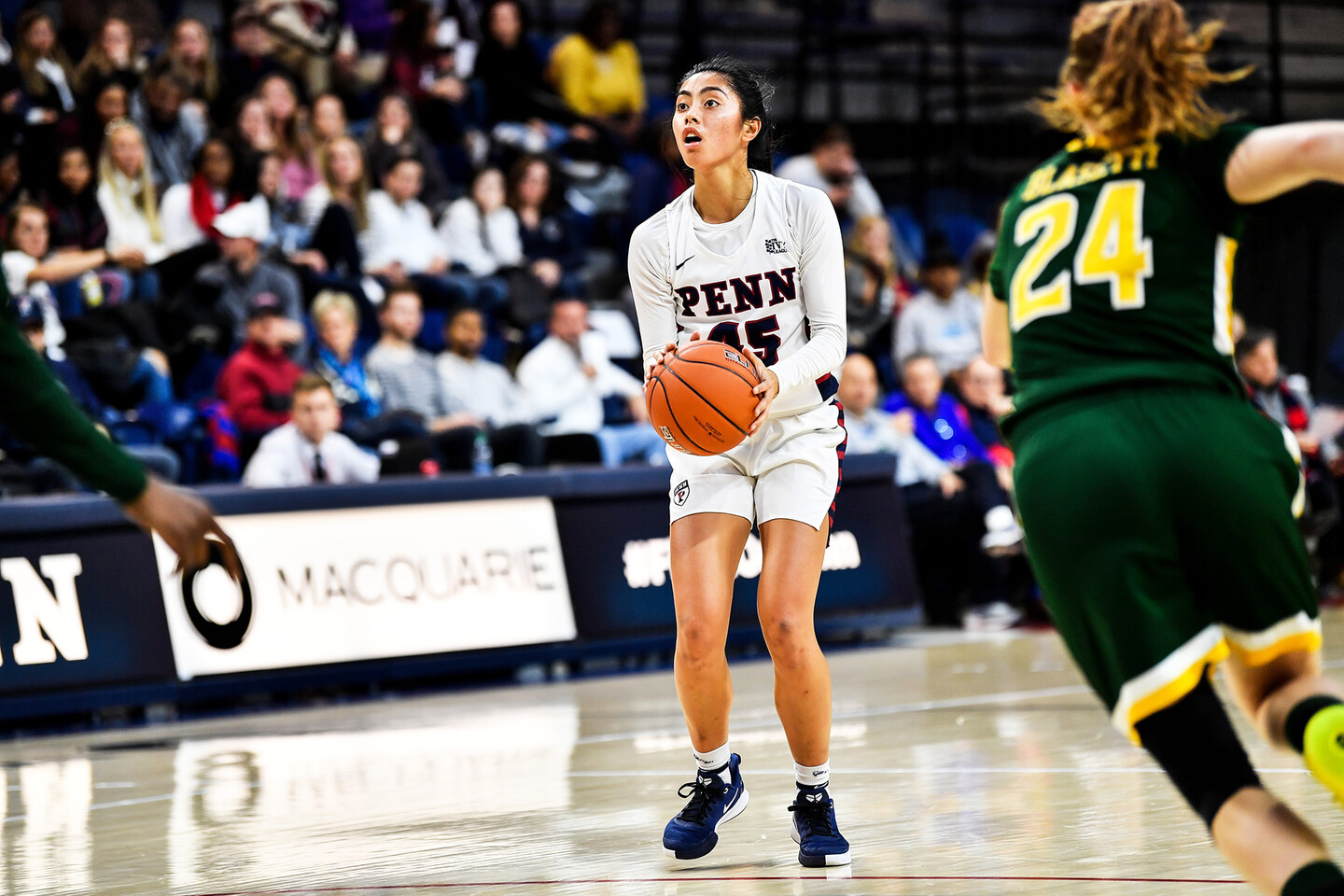 Freshman Kayla Padilla prepares to shoot her shot at the Palestra.