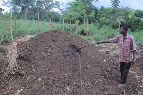A worker stands near an earthen kiln for producing charcoal