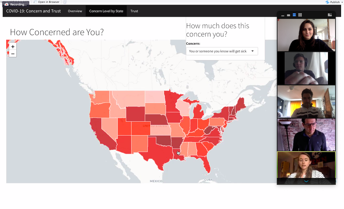 Screen shot of computer with image of United States and the words "How Concerned are You?" and four participants on a Zoom call.
