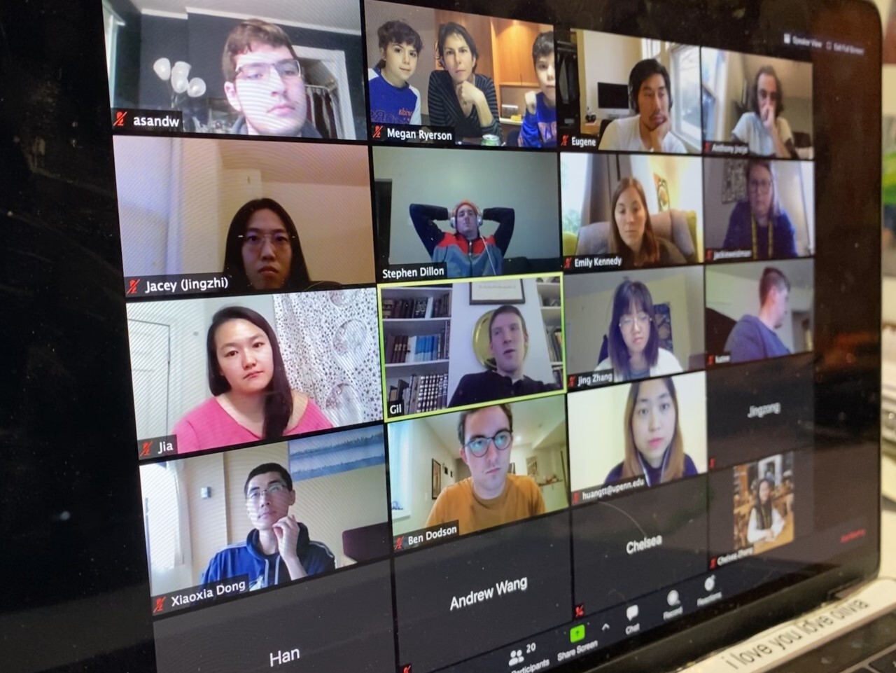 A computer screen with 16 faces visible during an online video call. 