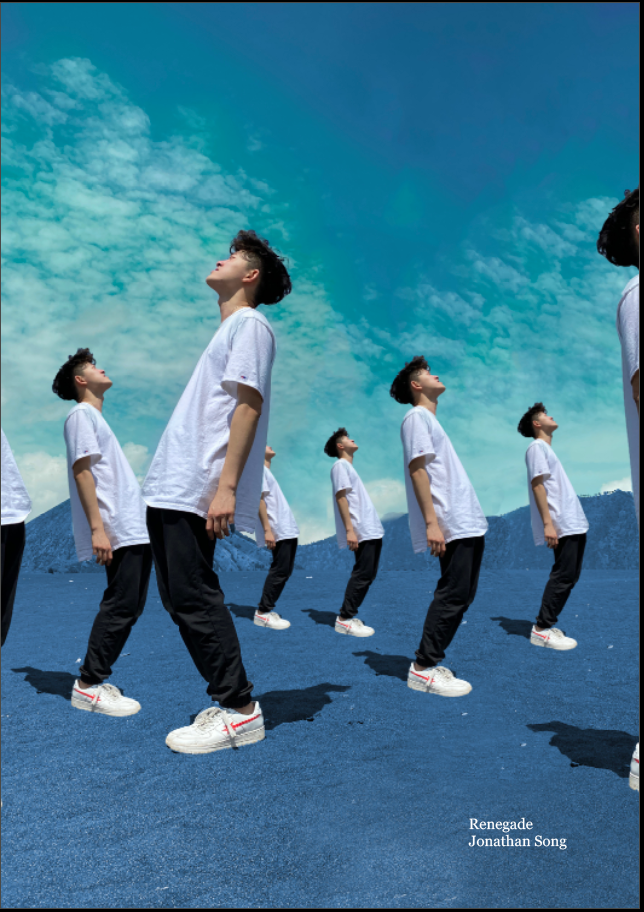 Image of the same man repeated and flipped. Man is standing, leaning back, on a blue background. 