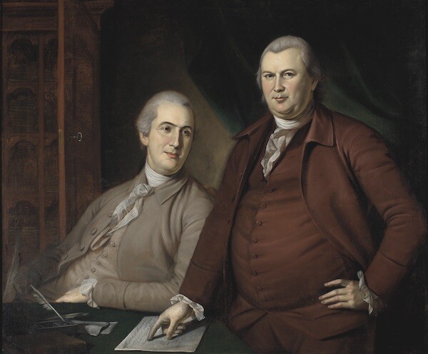 Oil painting depicts two men in 18th century dress and powdered wigs at a desk, one sitting down, the other standing.