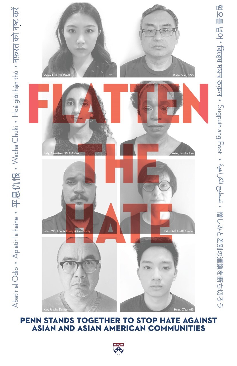 Gridded image with "flatten the hate" written across the front and the translation in various languages around the border