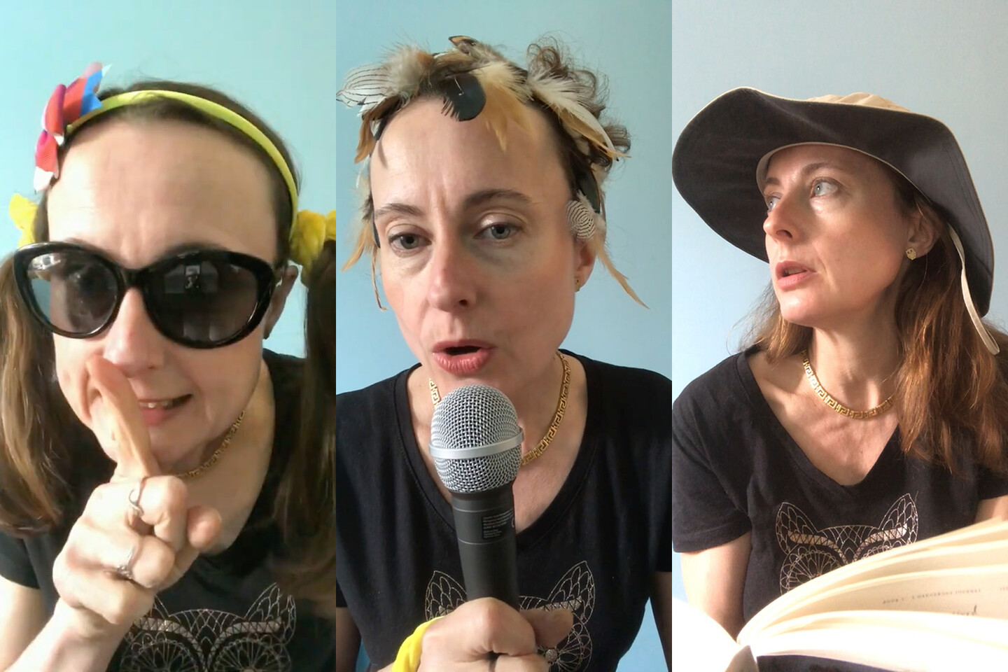 Professor dressed as three characters, one with pony tails and sunglasses, one with feathers in her hair, and one with a canvas hat. 